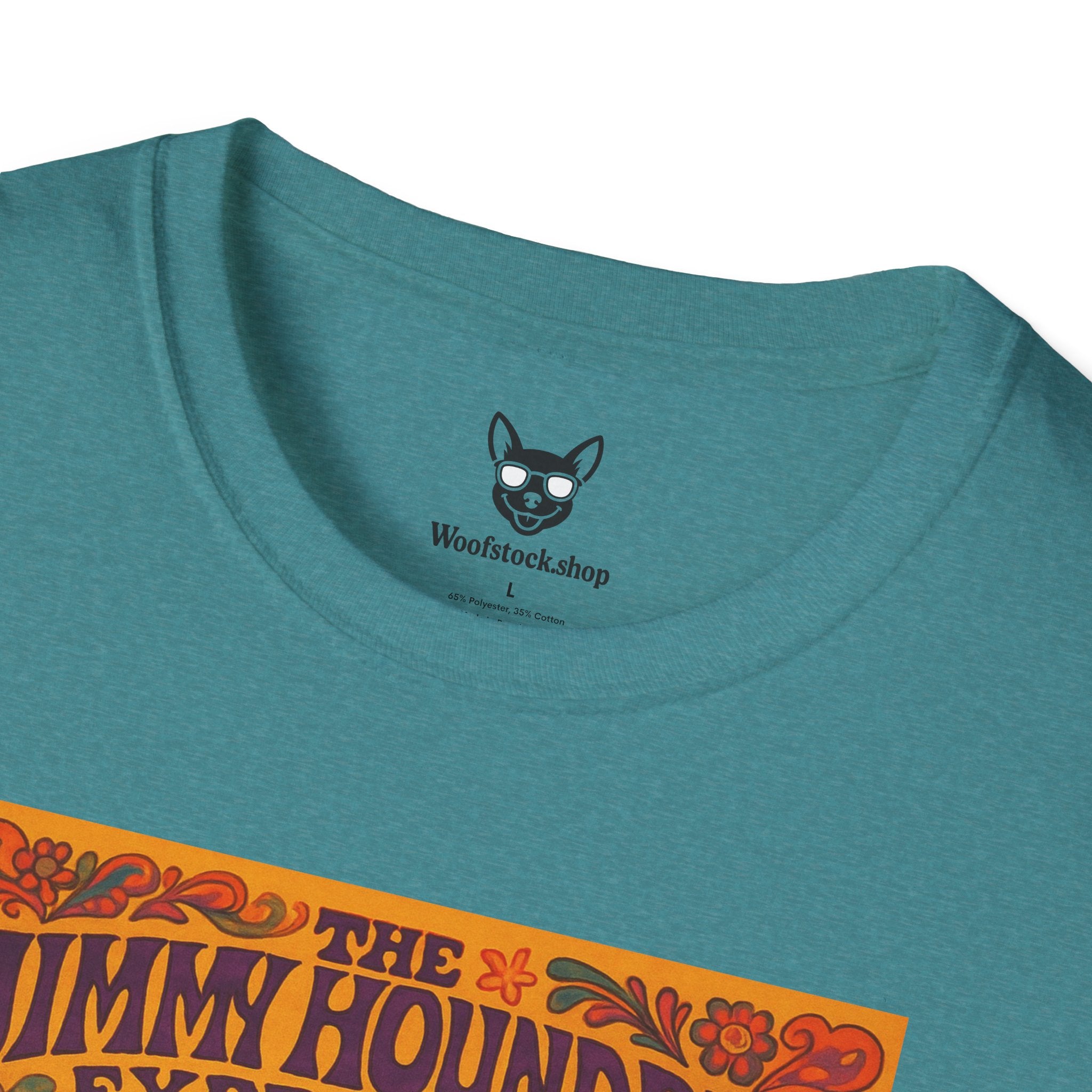 Jimi Hendrix Concert Poster Dog Parody Unisex Softstyle T-Shirt -- Funny Rock Tee for Music and Dog Lovers