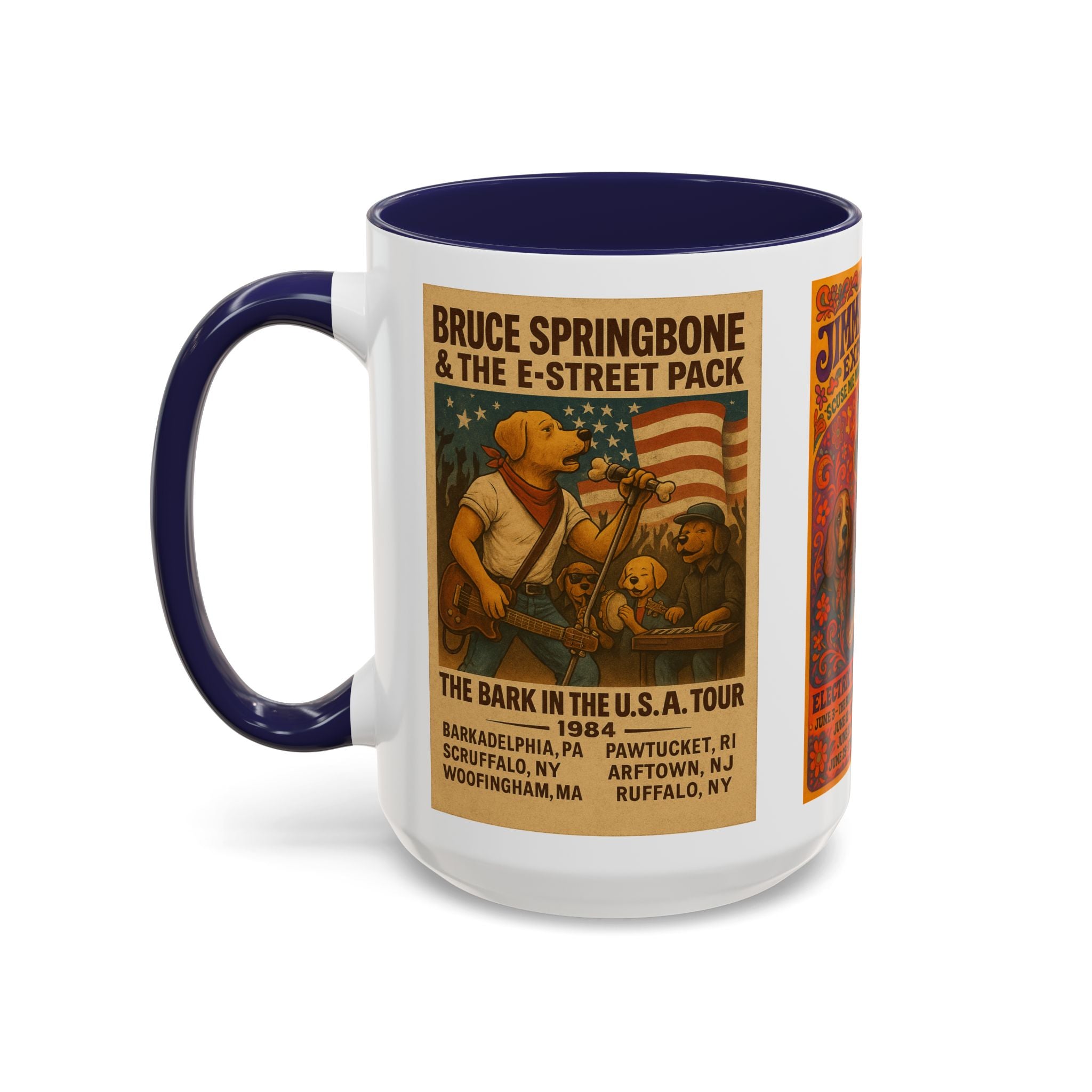 Concert Poster Dog Parody Mug – Funny Bruce Springsteen, Jimi Hendrix, and Fleetwood Mac Parody Gift