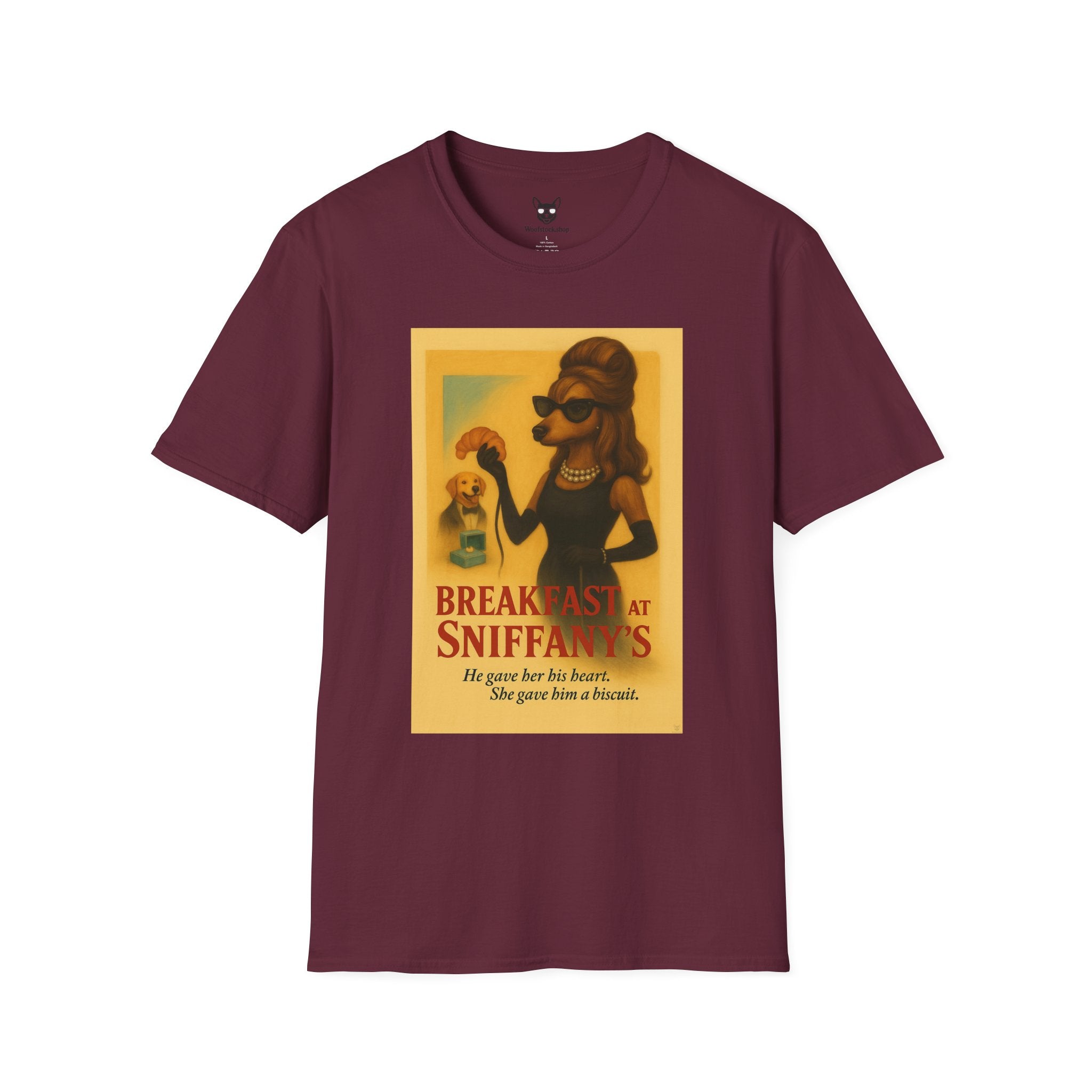 Breakfast at Tiffany's Movie Poster Dog Parody Unisex Softstyle T-Shirt -- Funny Audrey Hepburn Movie Tee for Film and Dog Lovers