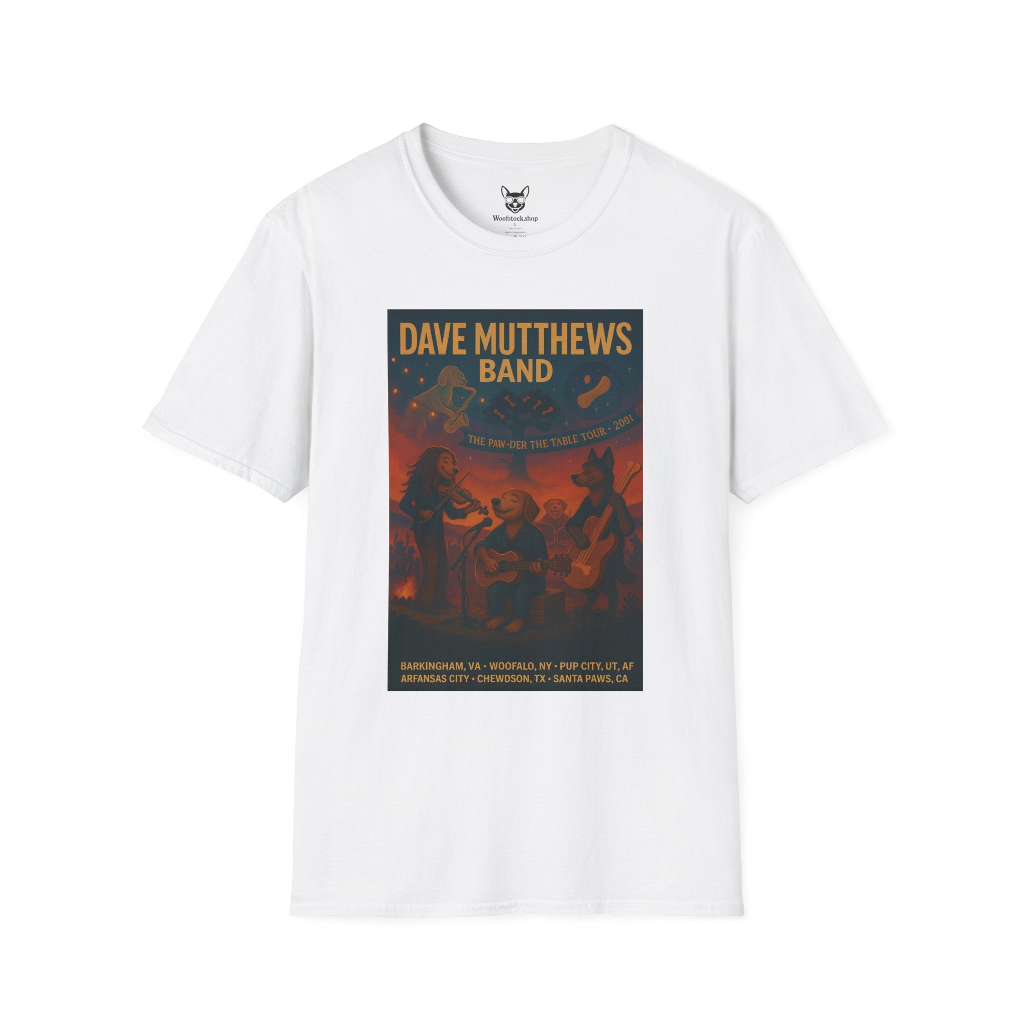 Dave Matthews Band Concert Poster Dog Parody Unisex Softstyle T-Shirt -- Funny Dog Concert Tee for Music and Dog Lovers