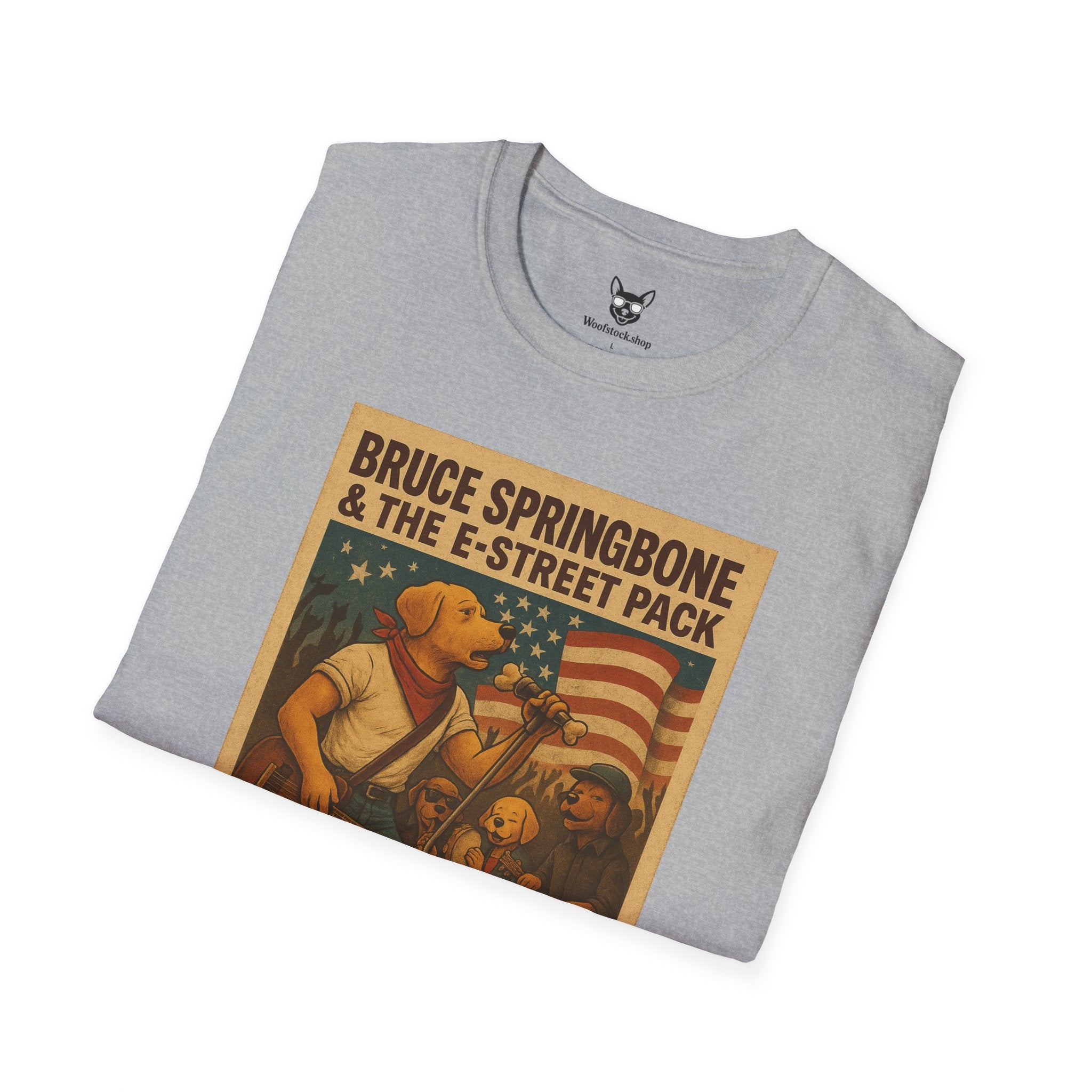 Bruce Springsteen Concert Poster Dog Parody Unisex Softstyle T-Shirt -- Funny Rock Tee for Music and Dog Lovers
