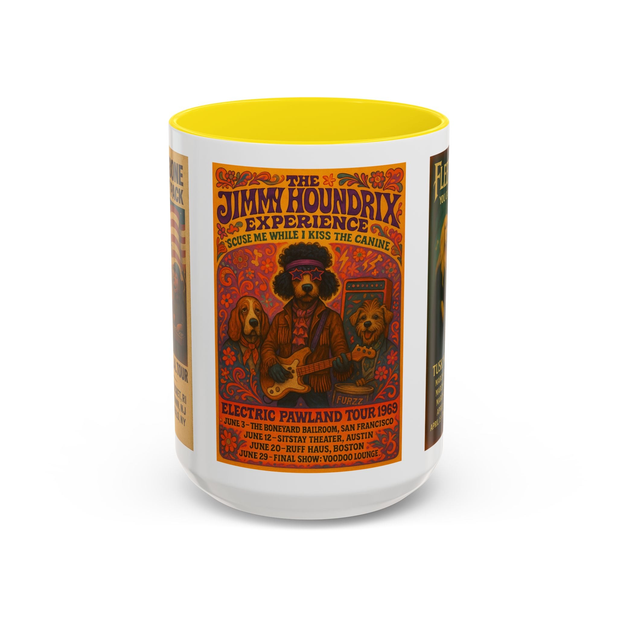 Concert Poster Dog Parody Mug – Funny Bruce Springsteen, Jimi Hendrix, and Fleetwood Mac Parody Gift