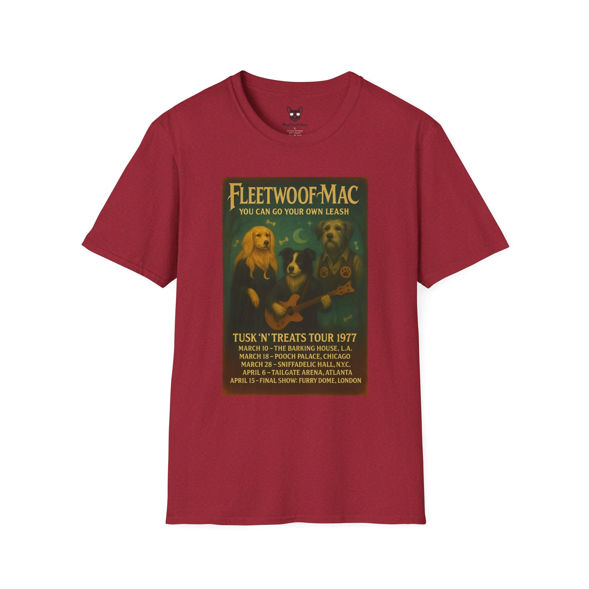 Fleetwood Mac Concert Poster Dog Parody Unisex Softstyle T-Shirt – Funny Tee for Music and Dog Lovers