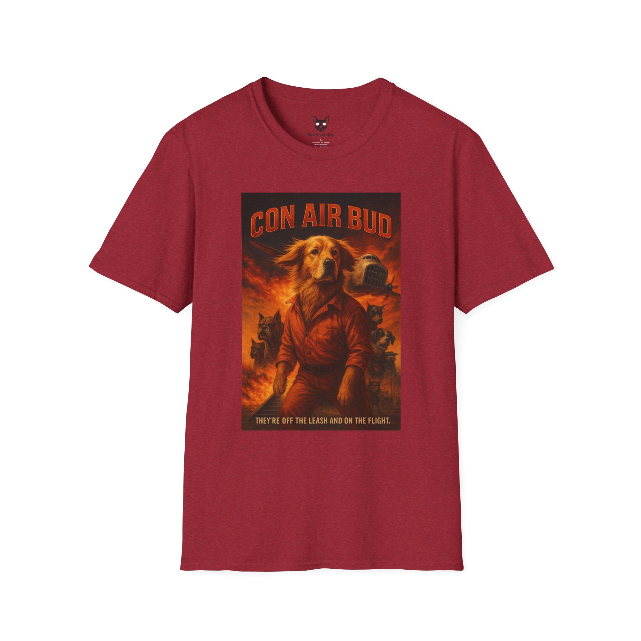 Con Air Movie Poster Dog Parody Unisex Softstyle T-Shirt – Funny Action Movie Tee for Film and Dog Lovers