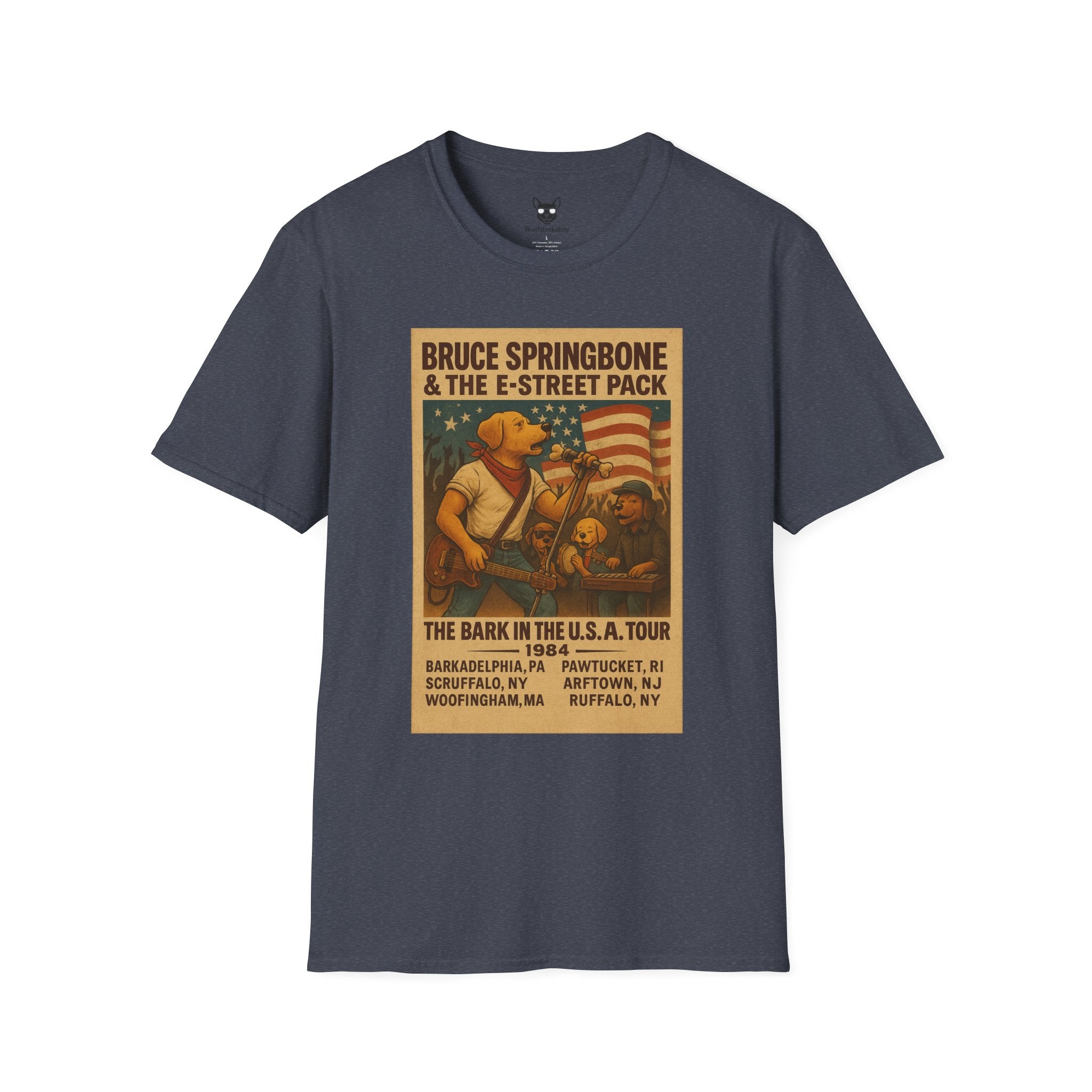 Bruce Springsteen Concert Poster Dog Parody Unisex Softstyle T-Shirt -- Funny Rock Tee for Music and Dog Lovers