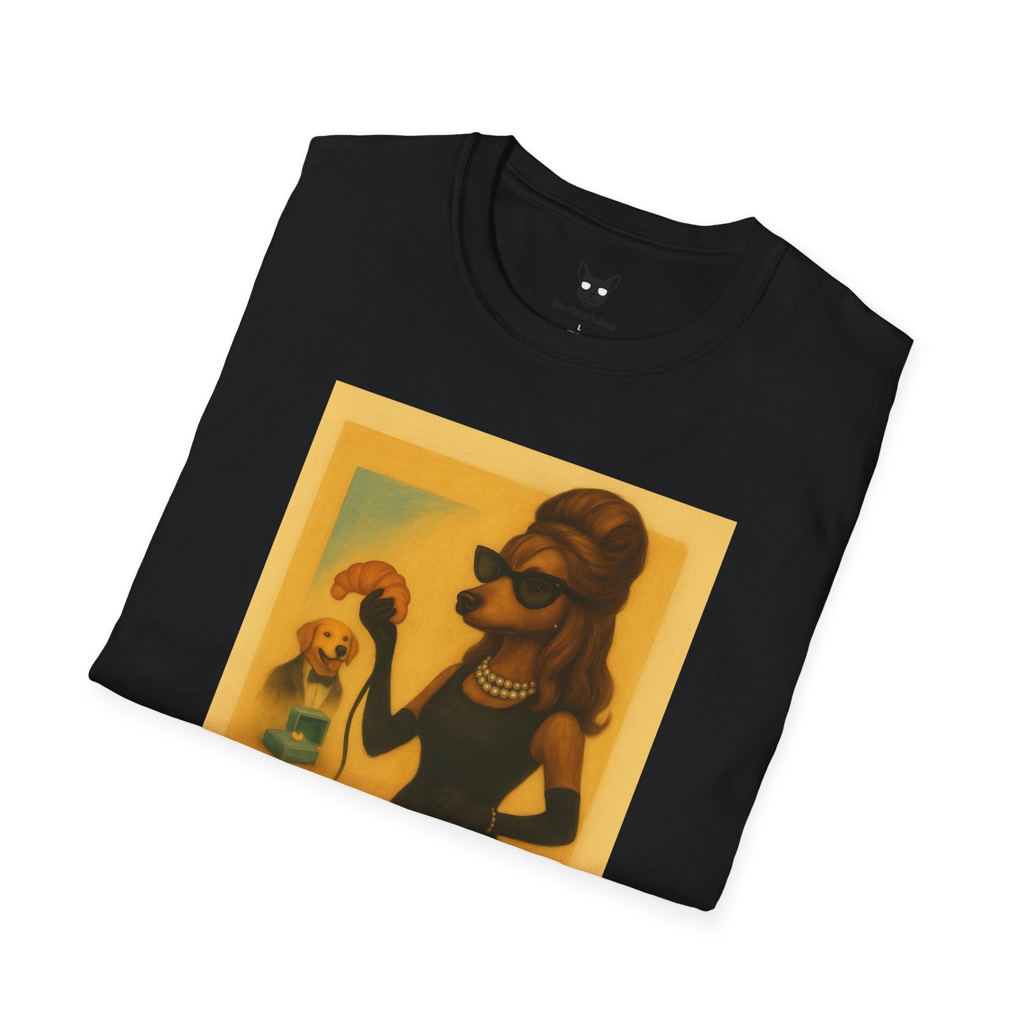 Breakfast at Tiffany's Movie Poster Dog Parody Unisex Softstyle T-Shirt -- Funny Audrey Hepburn Movie Tee for Film and Dog Lovers