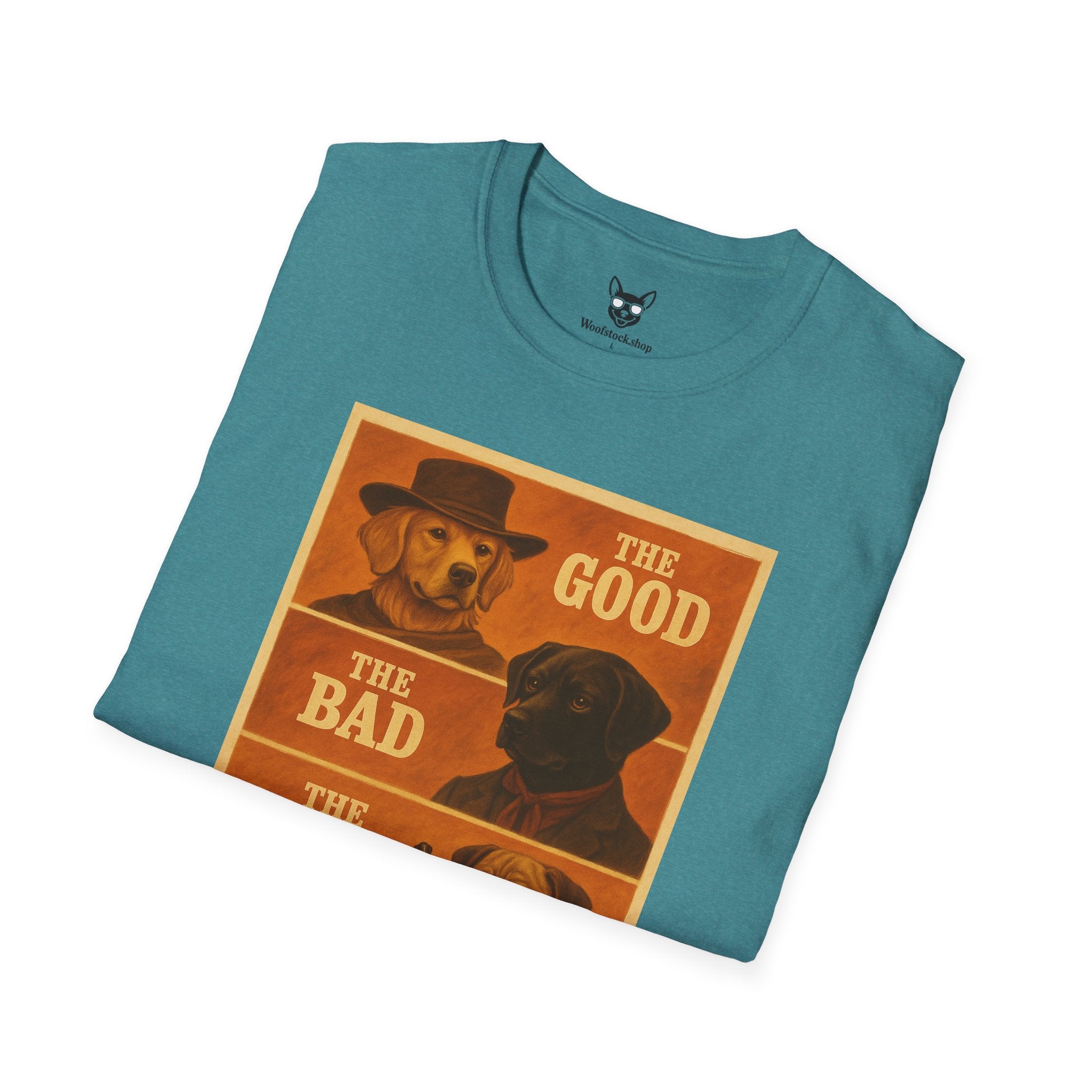 The Good, The Bad, & The Ugly Movie Poster Dog Parody Unisex Softstyle T-Shirt – Funny Movie Tee for Film and Dog Lovers