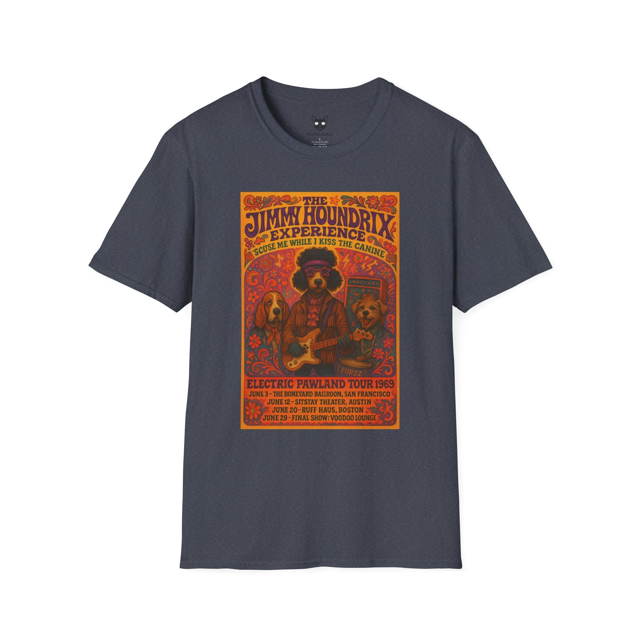 Jimi Hendrix Concert Poster Dog Parody Unisex Softstyle T-Shirt -- Funny Rock Tee for Music and Dog Lovers