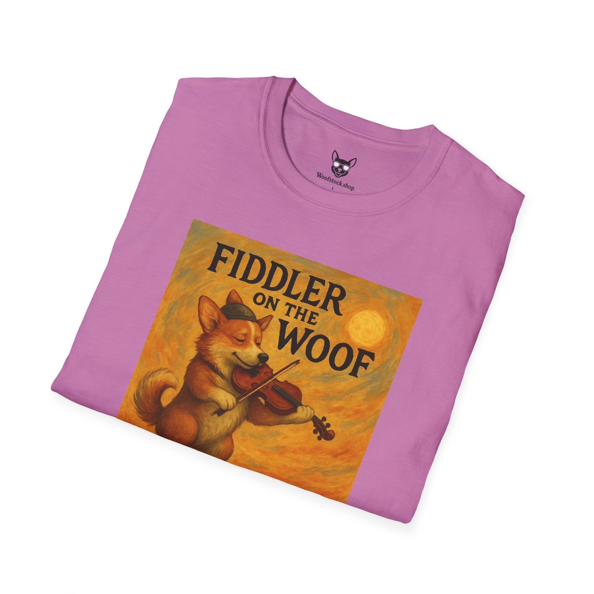 Fiddler on the Woof Broadway Poster Dog Parody Unisex Softstyle T-Shirt -- Funny Broadway Movie Tee for Theater and Dog Lovers