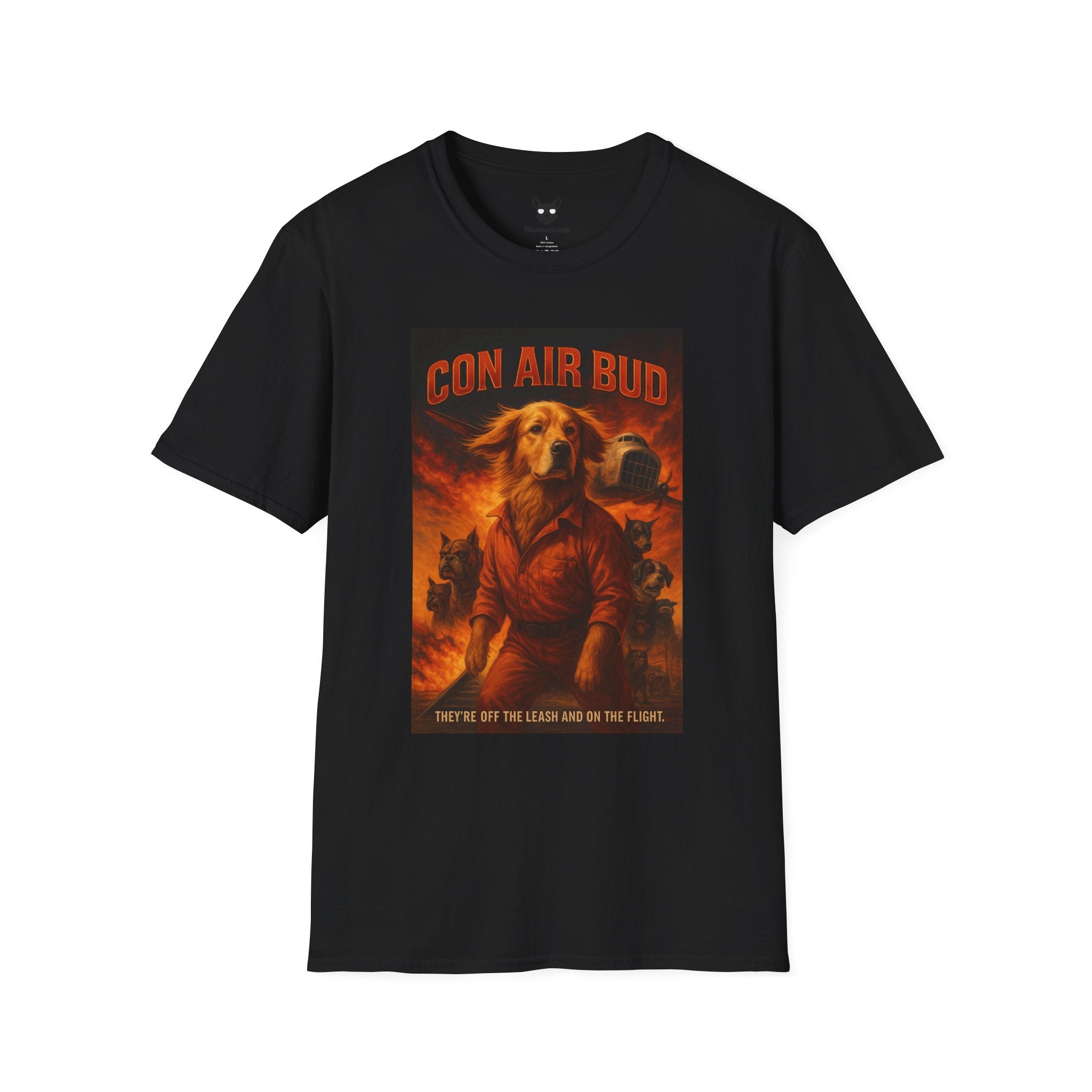 Con Air Movie Poster Dog Parody Unisex Softstyle T-Shirt – Funny Action Movie Tee for Film and Dog Lovers