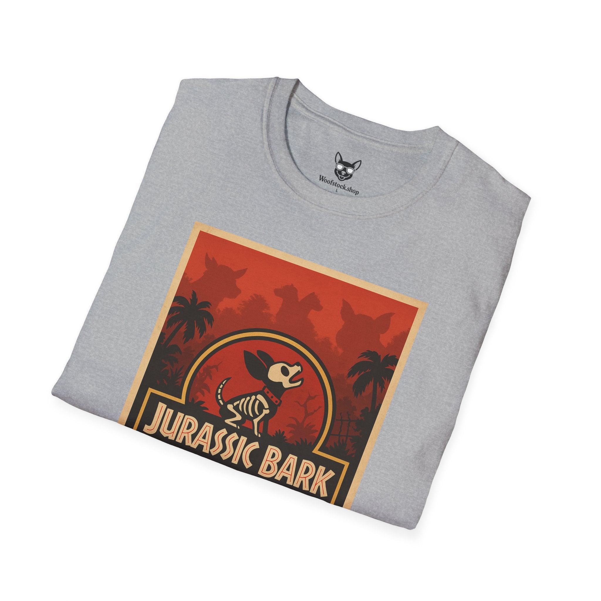 Jurassic Park Movie Poster Dog Parody Unisex Softstyle T-Shirt -- Funny Dog Movie Tee for Film and Dog Lovers