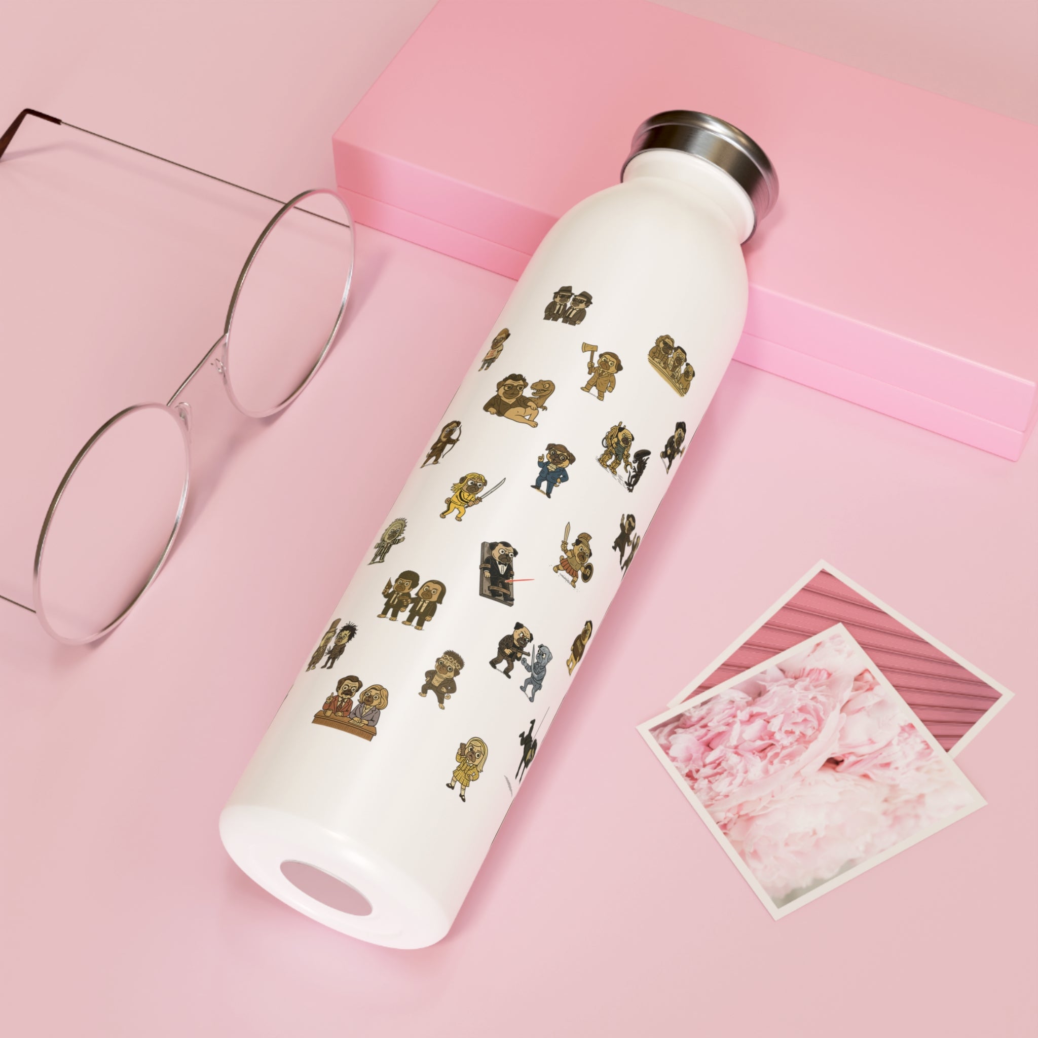 Movie Pugs Slim Water Bottle -- Funny Gift for Movies and Dog Lovers