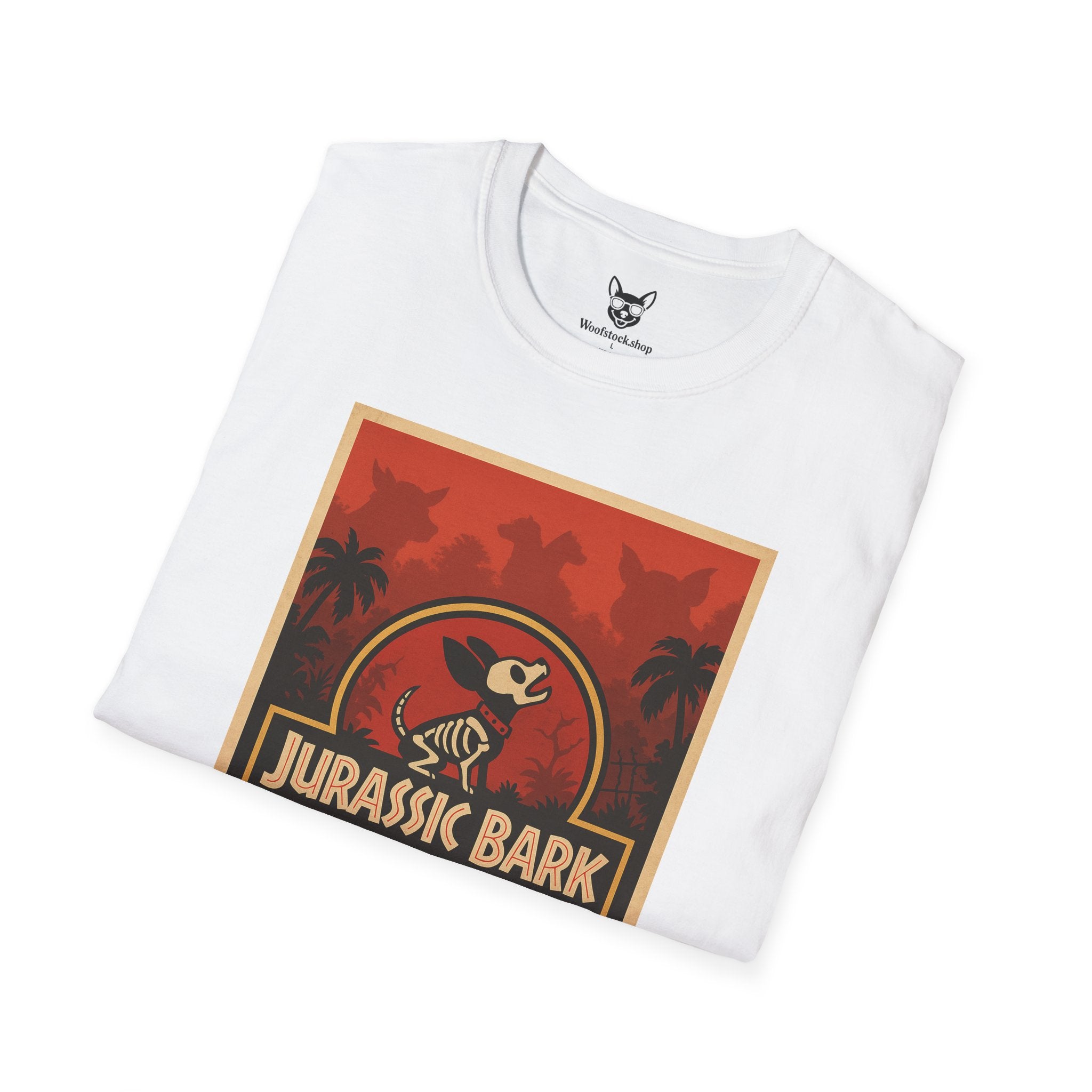 Jurassic Park Movie Poster Dog Parody Unisex Softstyle T-Shirt -- Funny Dog Movie Tee for Film and Dog Lovers