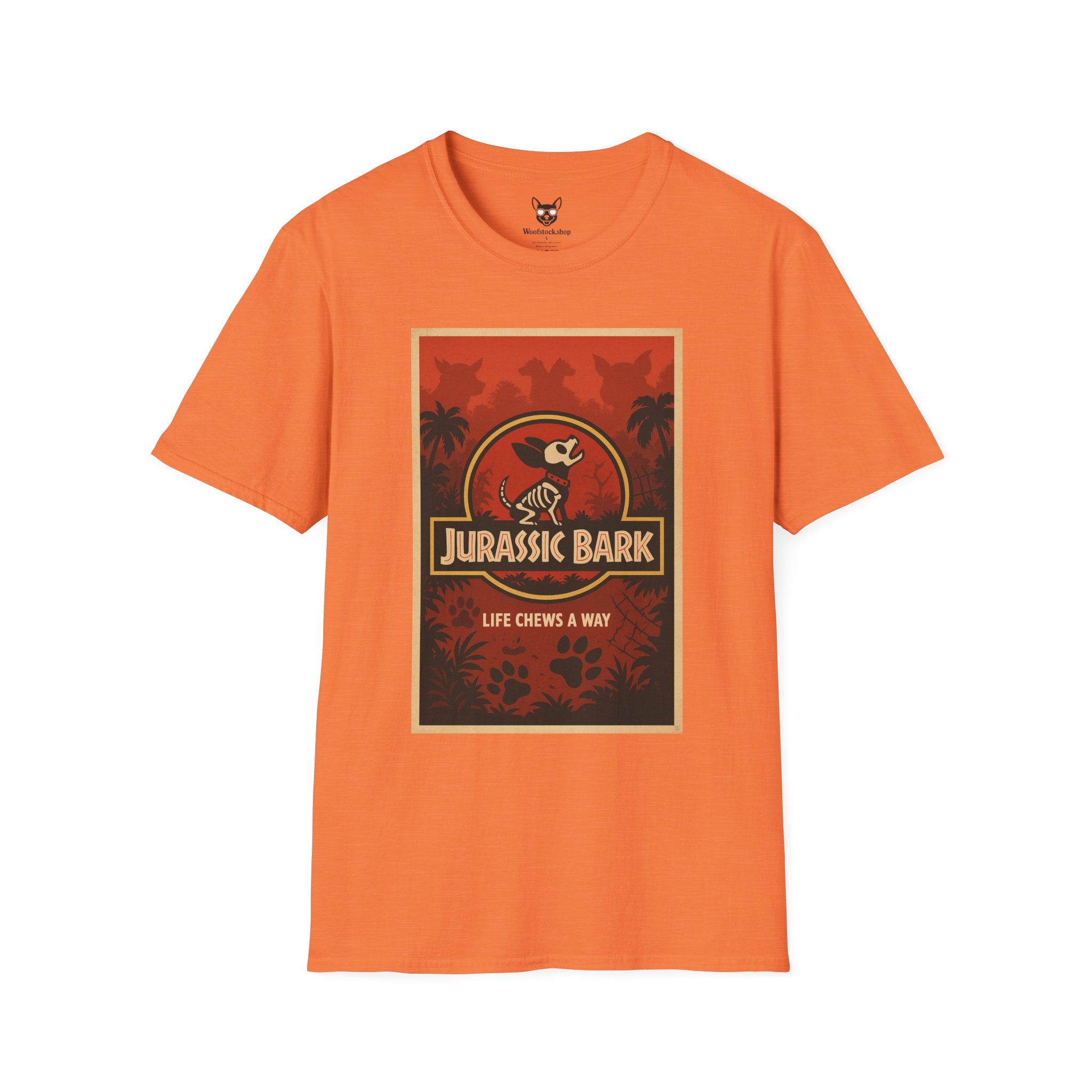 Jurassic Park Movie Poster Dog Parody Unisex Softstyle T-Shirt -- Funny Dog Movie Tee for Film and Dog Lovers