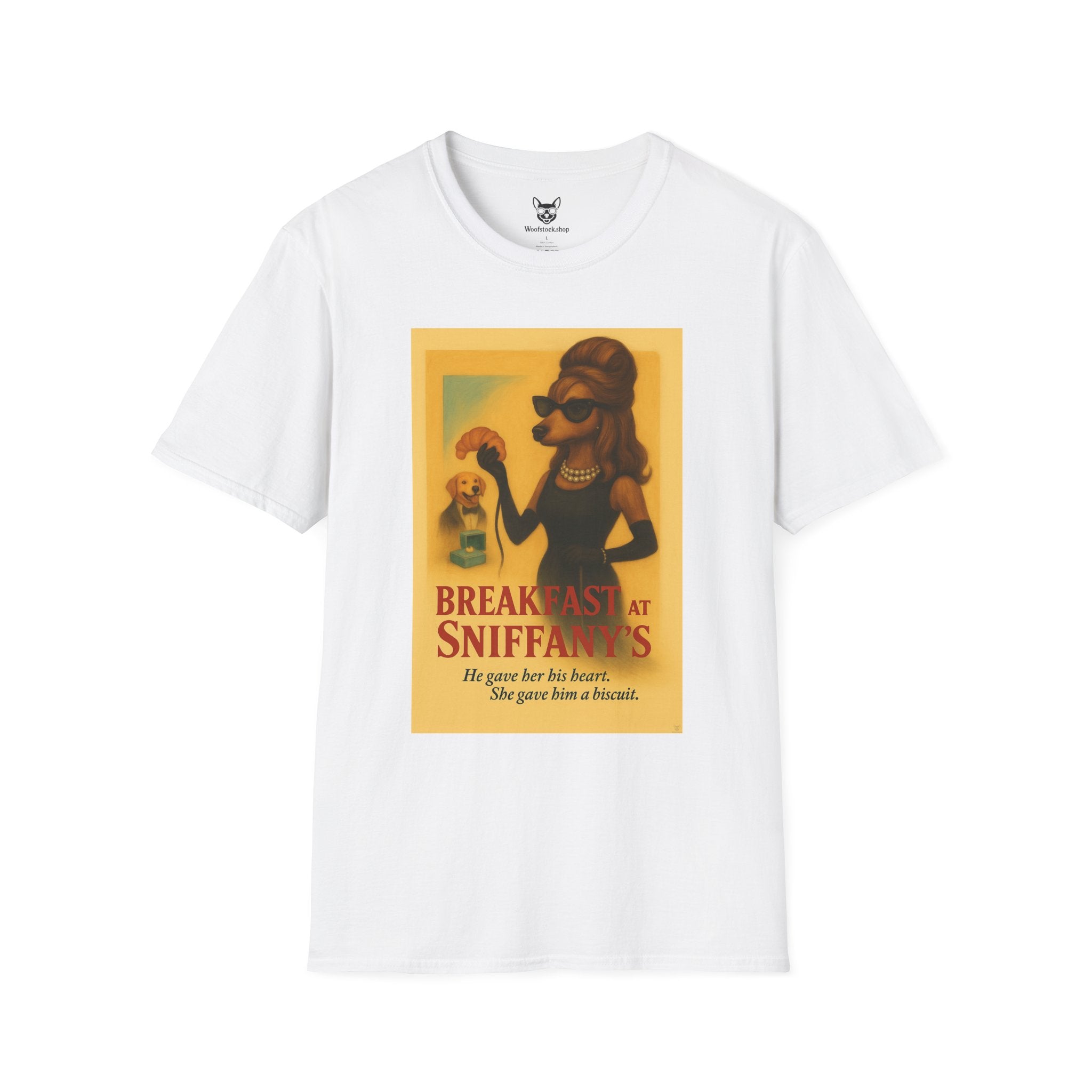 Breakfast at Tiffany's Movie Poster Dog Parody Unisex Softstyle T-Shirt -- Funny Audrey Hepburn Movie Tee for Film and Dog Lovers