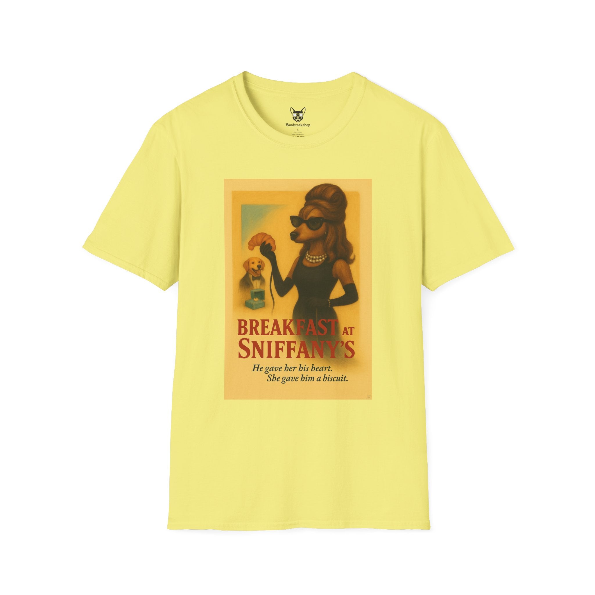 Breakfast at Tiffany's Movie Poster Dog Parody Unisex Softstyle T-Shirt -- Funny Audrey Hepburn Movie Tee for Film and Dog Lovers