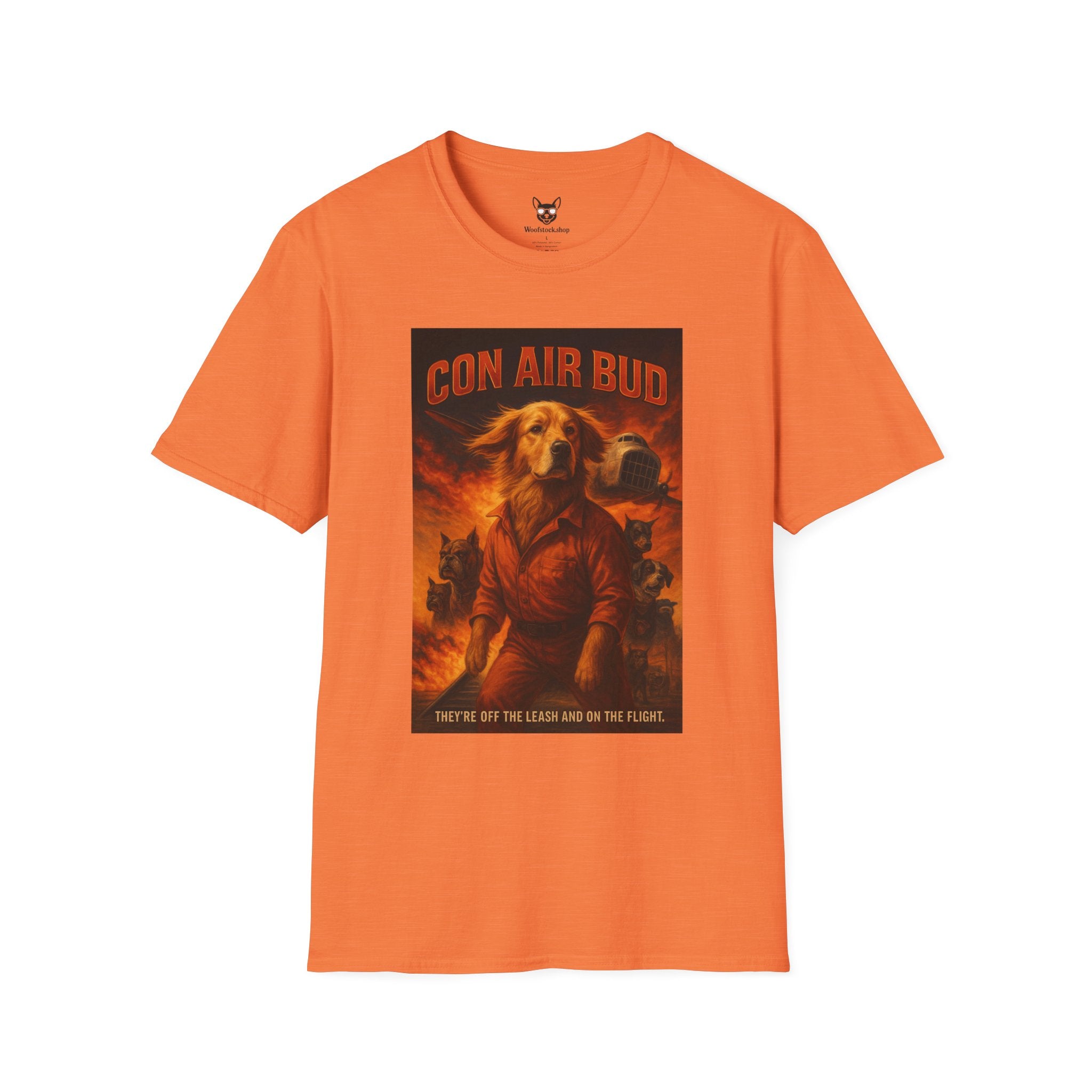 Con Air Movie Poster Dog Parody Unisex Softstyle T-Shirt – Funny Action Movie Tee for Film and Dog Lovers