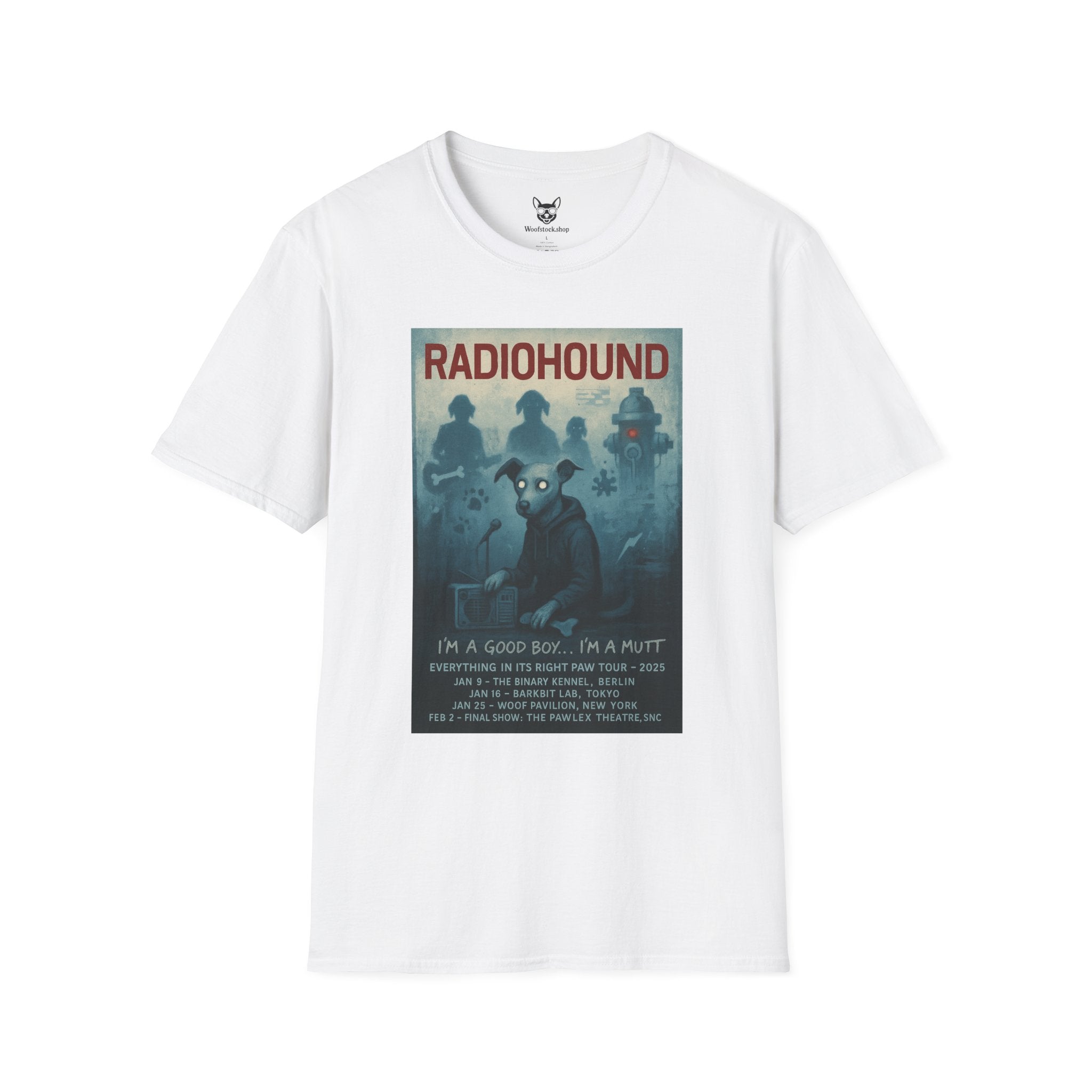 Radiohead Concert Poster Dog Parody Unisex Softstyle T-Shirt -- Funny Rock Tee for Music and Dog Lovers