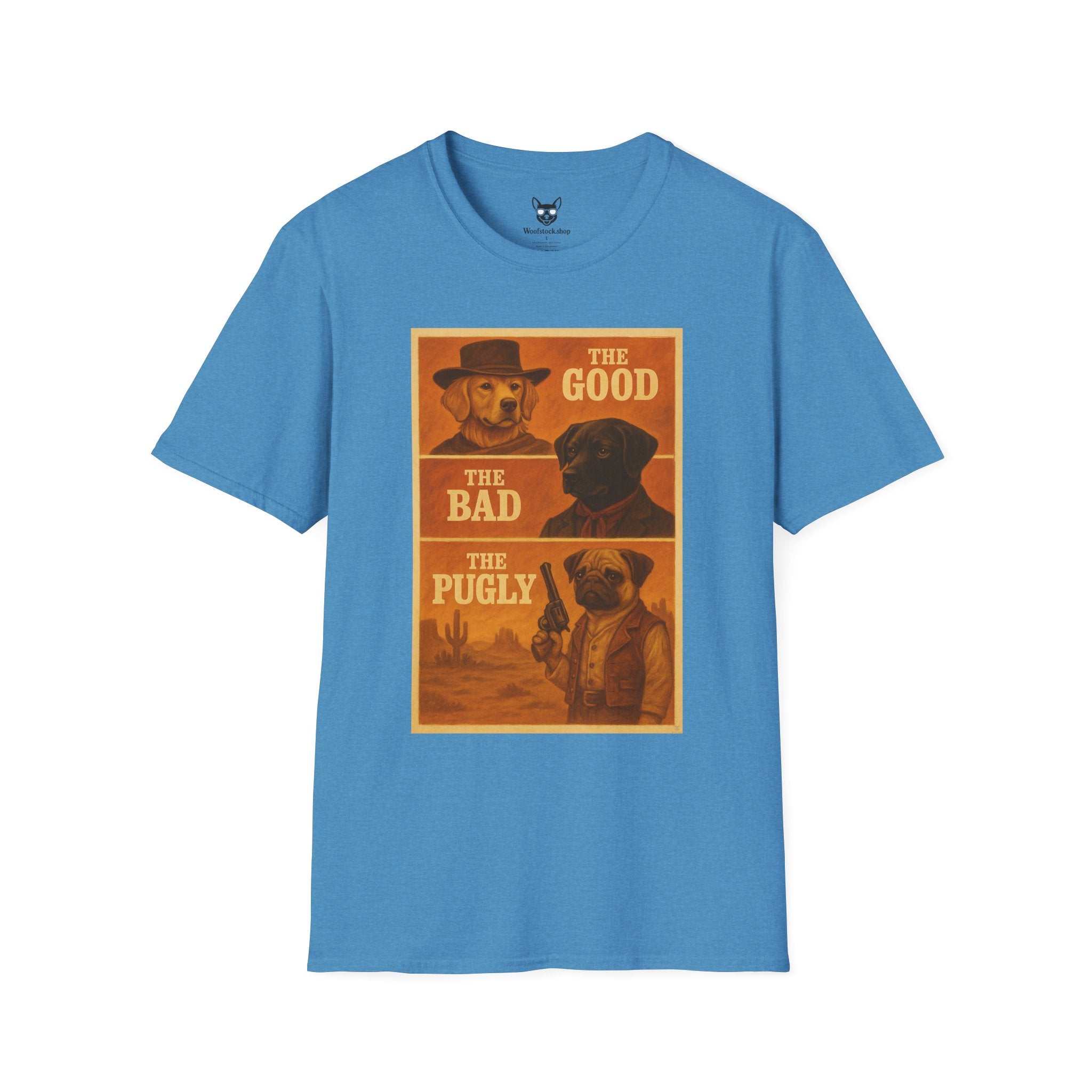 The Good, The Bad, & The Ugly Movie Poster Dog Parody Unisex Softstyle T-Shirt – Funny Movie Tee for Film and Dog Lovers