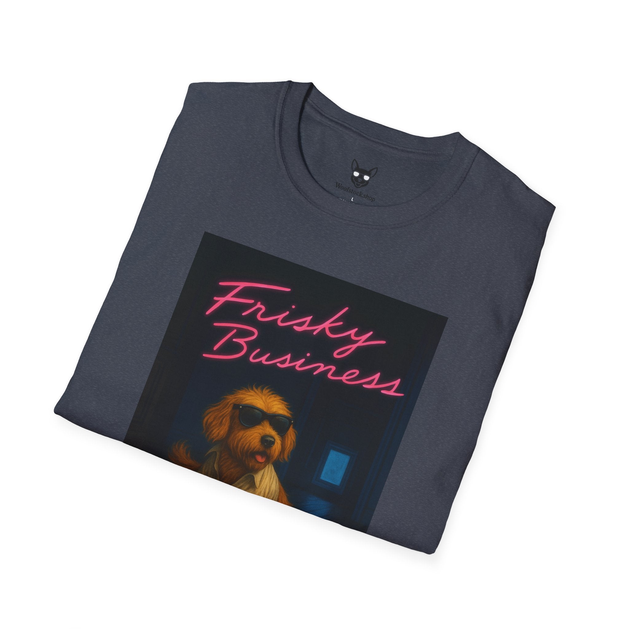 Risky Business Movie Poster Dog Parody Unisex Softstyle T-Shirt -- Funny Dog Movie Tee for Film and Dog Lovers