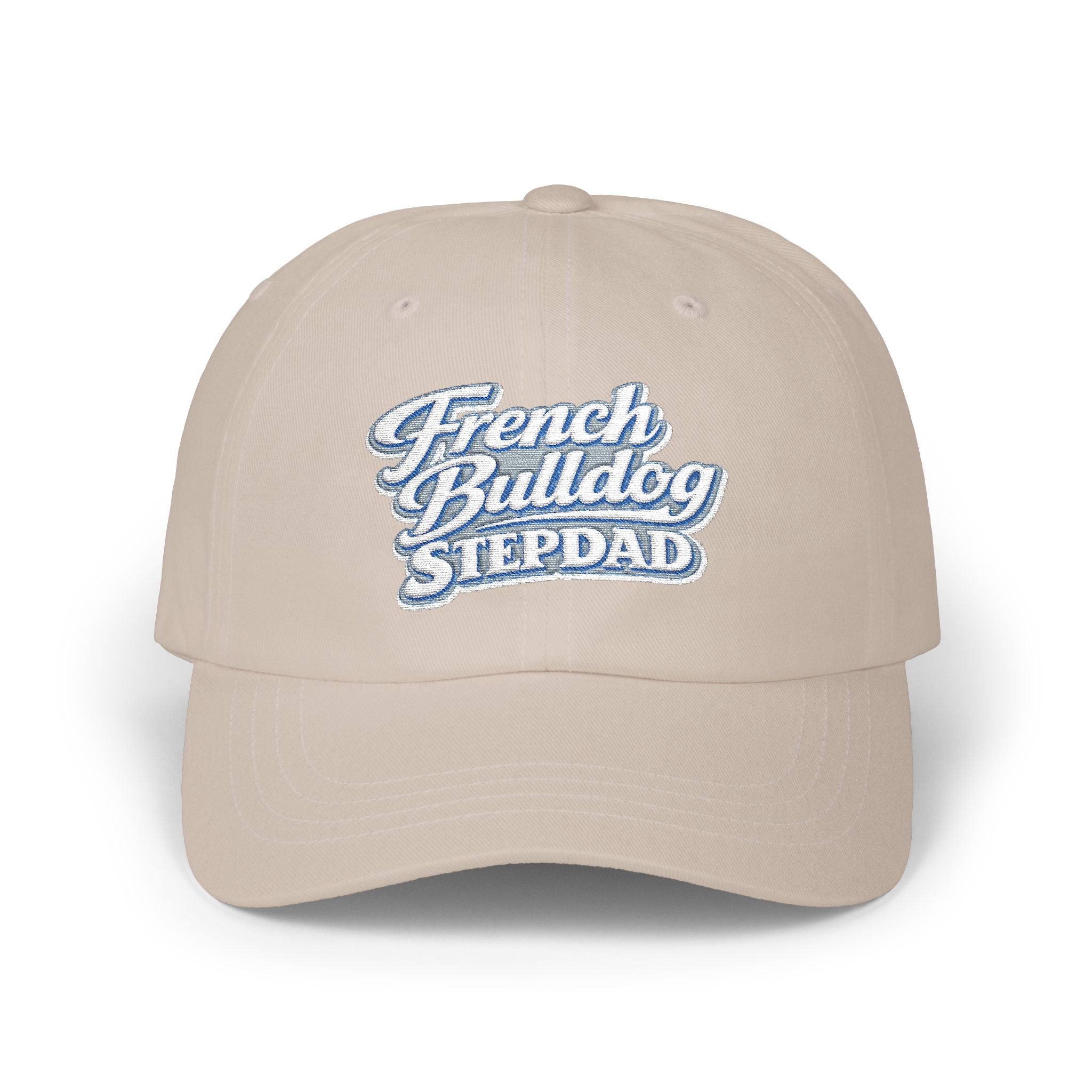 French Bulldog Stepdad Dad Cap — Embroidered White Baseball Hat for Dog Lovers