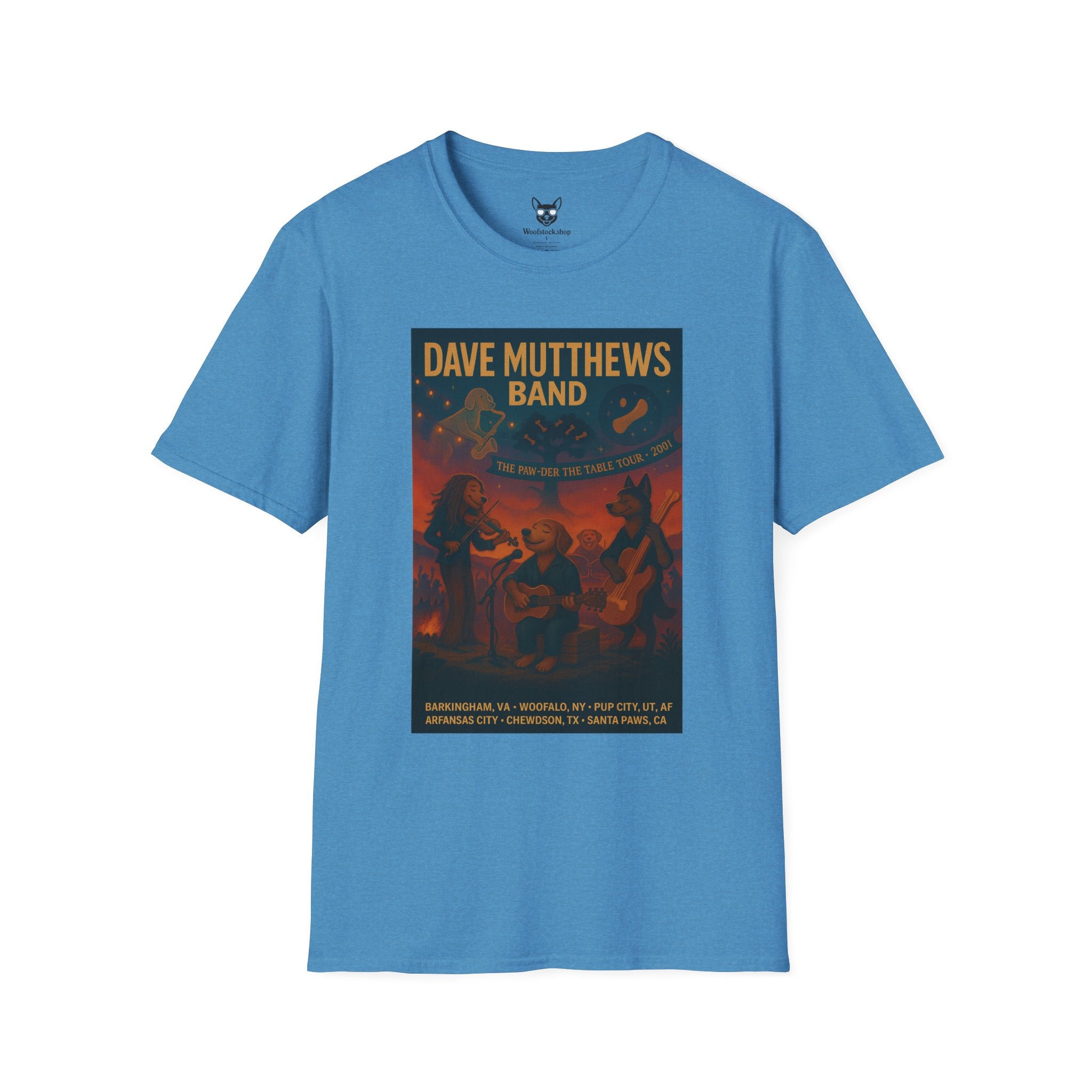 Dave Matthews Band Concert Poster Dog Parody Unisex Softstyle T-Shirt -- Funny Dog Concert Tee for Music and Dog Lovers