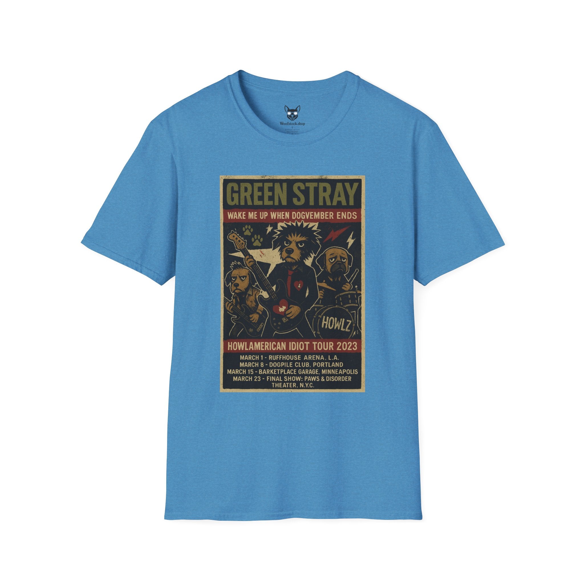 Green Day Concert Poster Dog Parody Unisex Softstyle T-Shirt – Funny Tee for Music and Dog Lovers