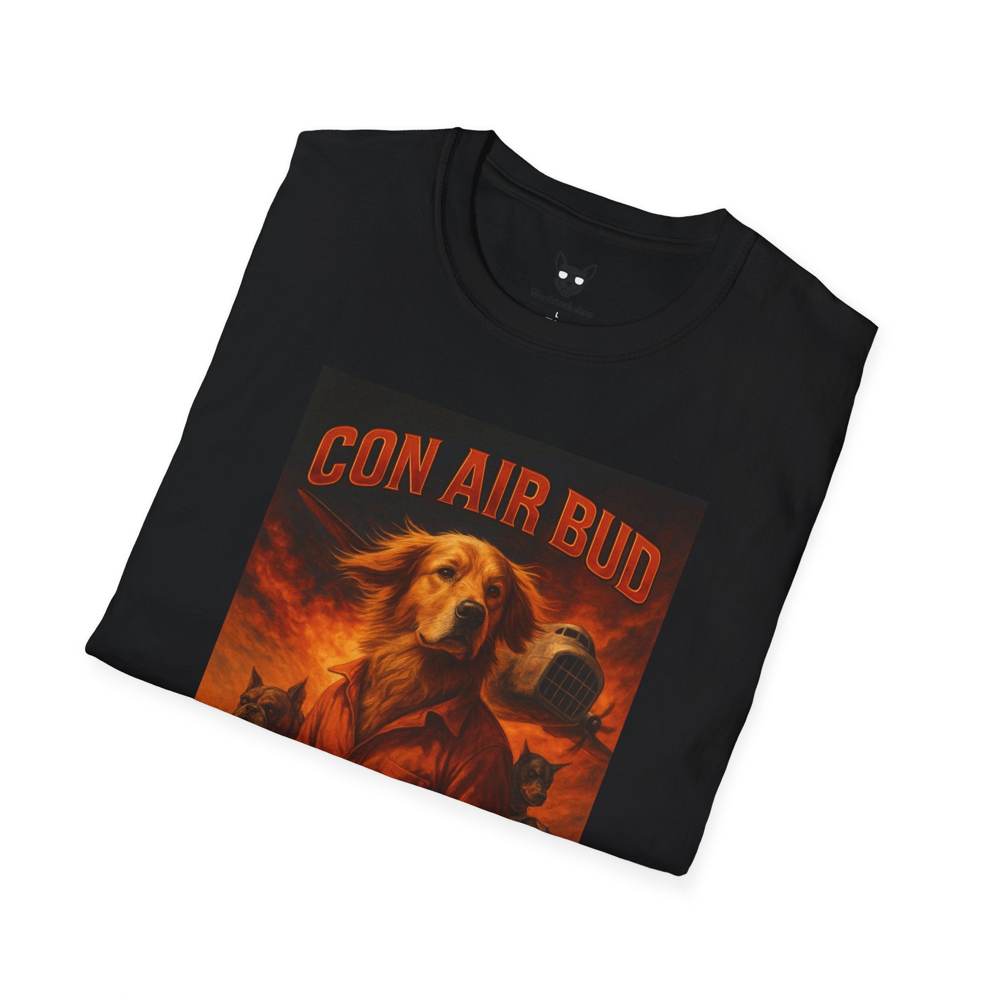 Con Air Movie Poster Dog Parody Unisex Softstyle T-Shirt – Funny Action Movie Tee for Film and Dog Lovers