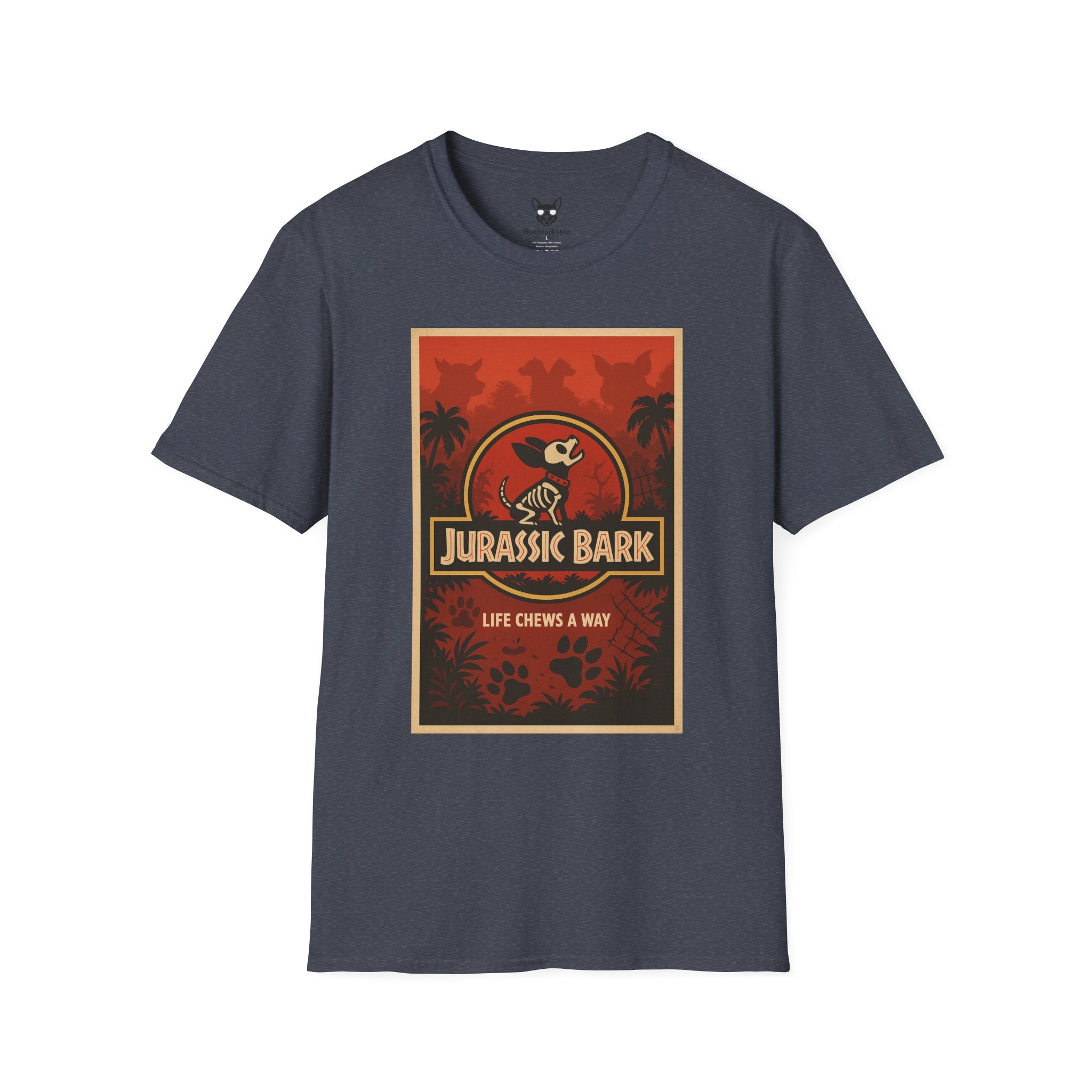 Jurassic Park Movie Poster Dog Parody Unisex Softstyle T-Shirt -- Funny Dog Movie Tee for Film and Dog Lovers