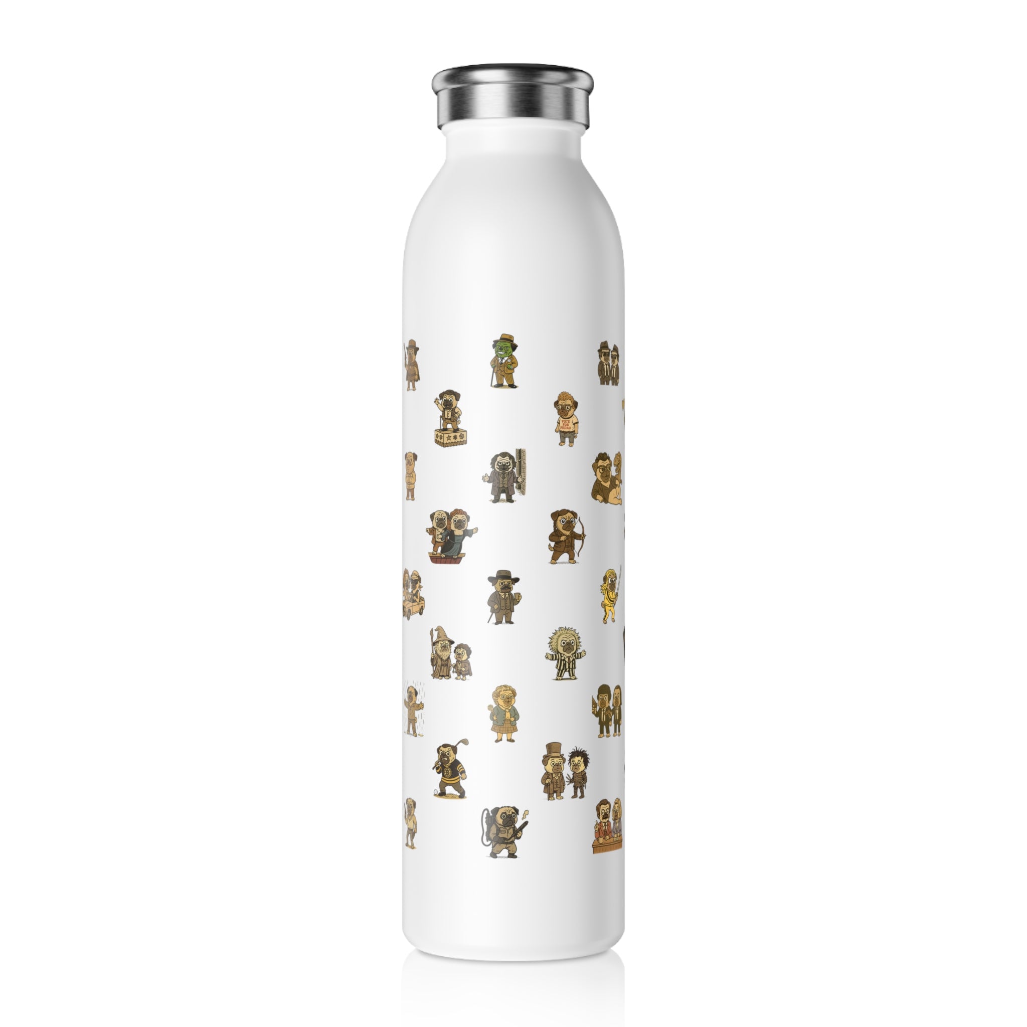 Movie Pugs Slim Water Bottle -- Funny Gift for Movies and Dog Lovers