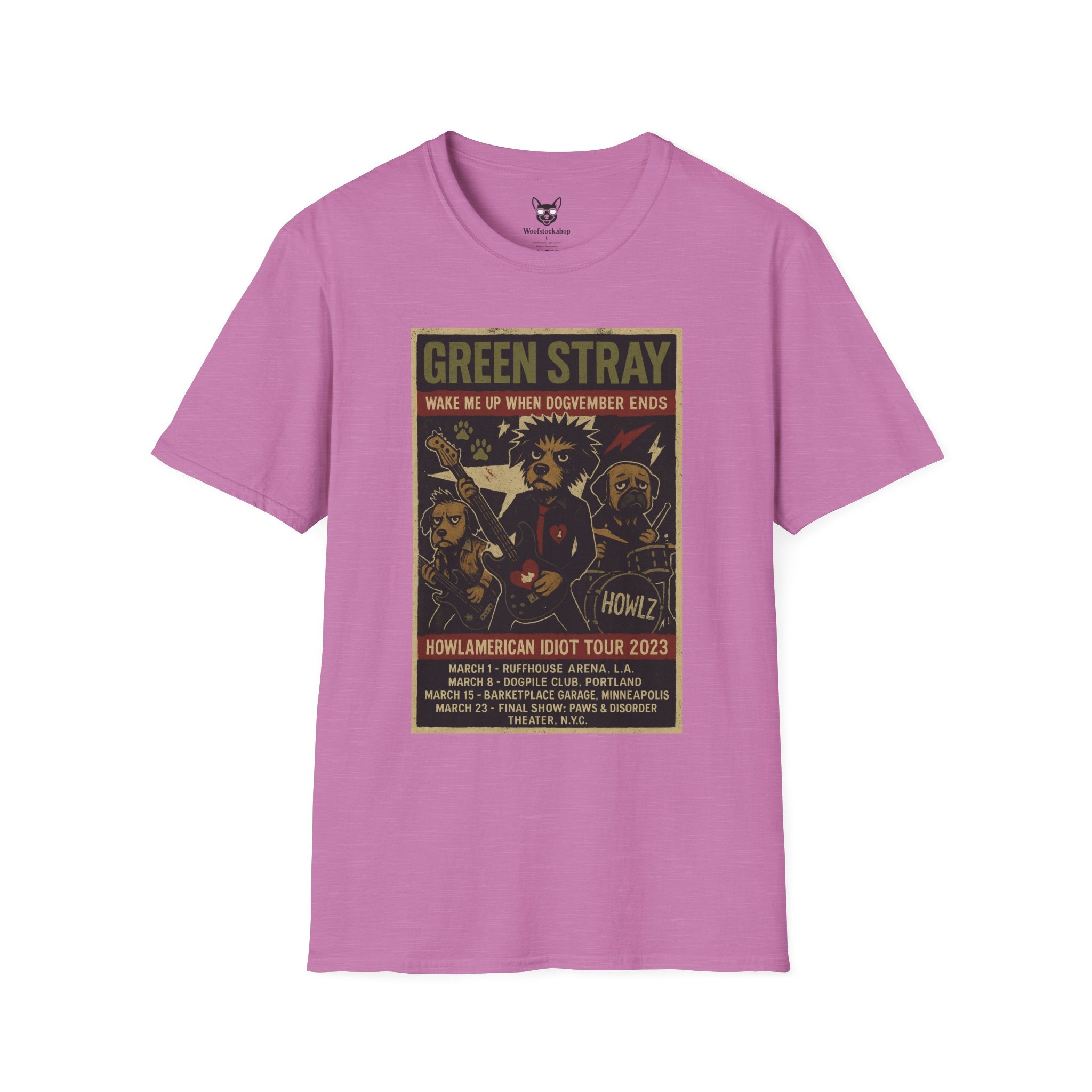 Green Day Concert Poster Dog Parody Unisex Softstyle T-Shirt – Funny Tee for Music and Dog Lovers