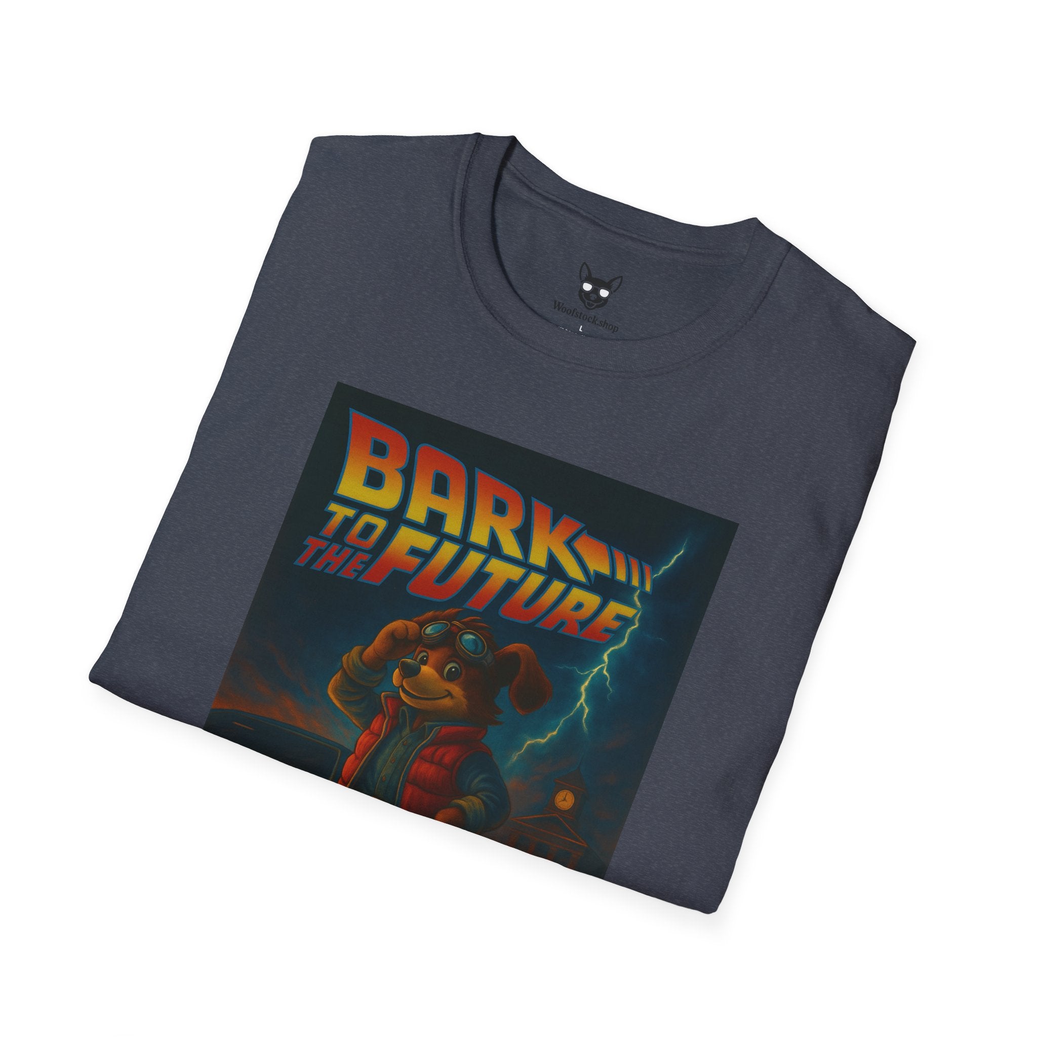 Back to the Future Movie Poster Dog Parody Unisex Softstyle T-Shirt -- Funny Dog Movie Tee for Film and Dog Lovers