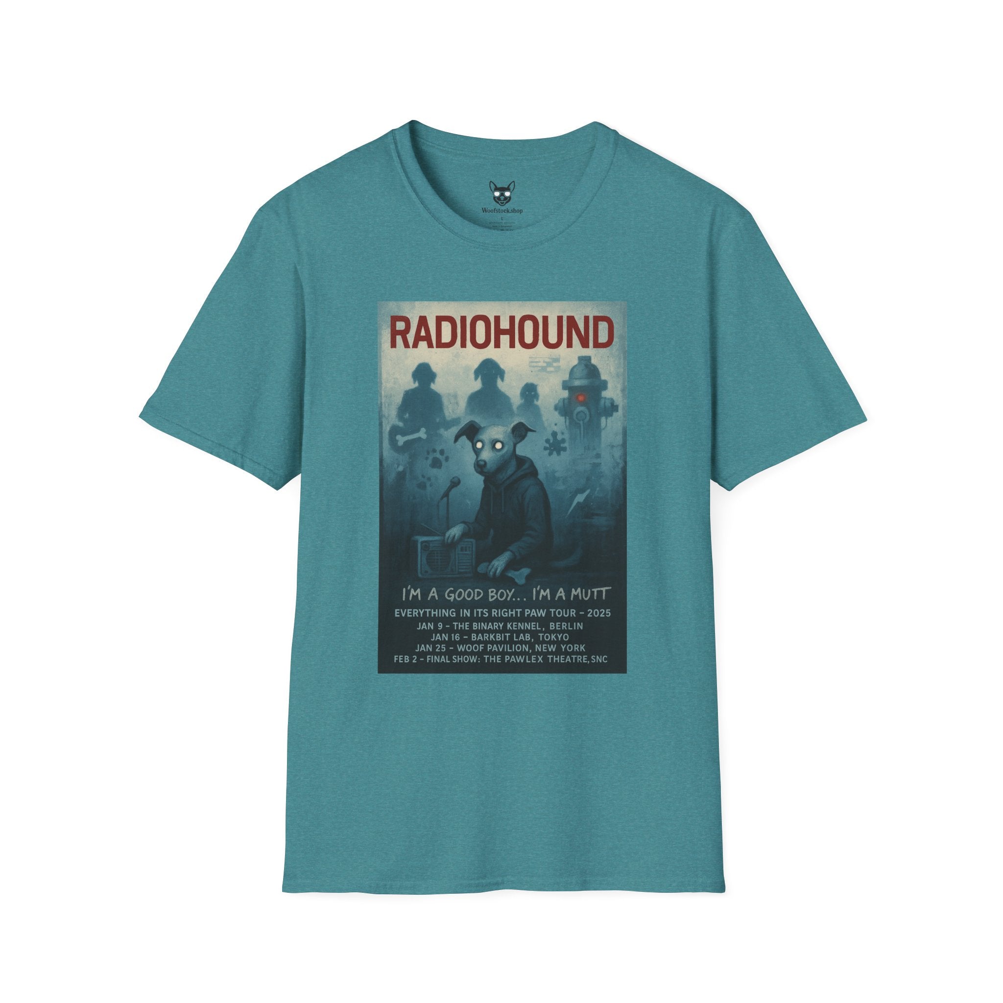 Radiohead Concert Poster Dog Parody Unisex Softstyle T-Shirt -- Funny Rock Tee for Music and Dog Lovers