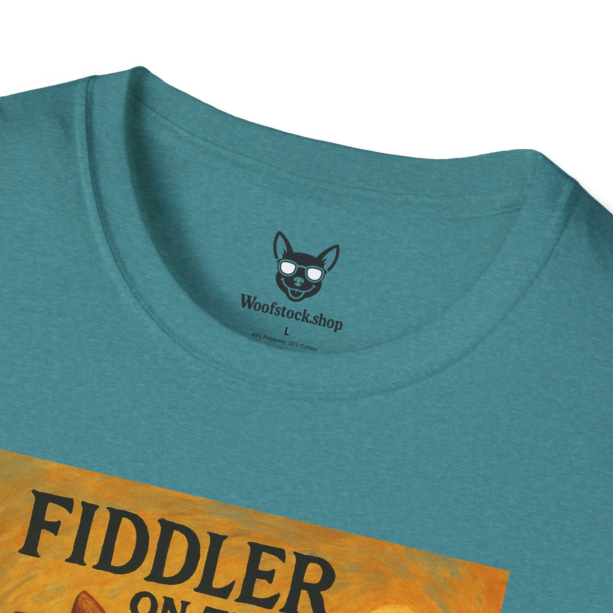 Fiddler on the Woof Broadway Poster Dog Parody Unisex Softstyle T-Shirt -- Funny Broadway Movie Tee for Theater and Dog Lovers