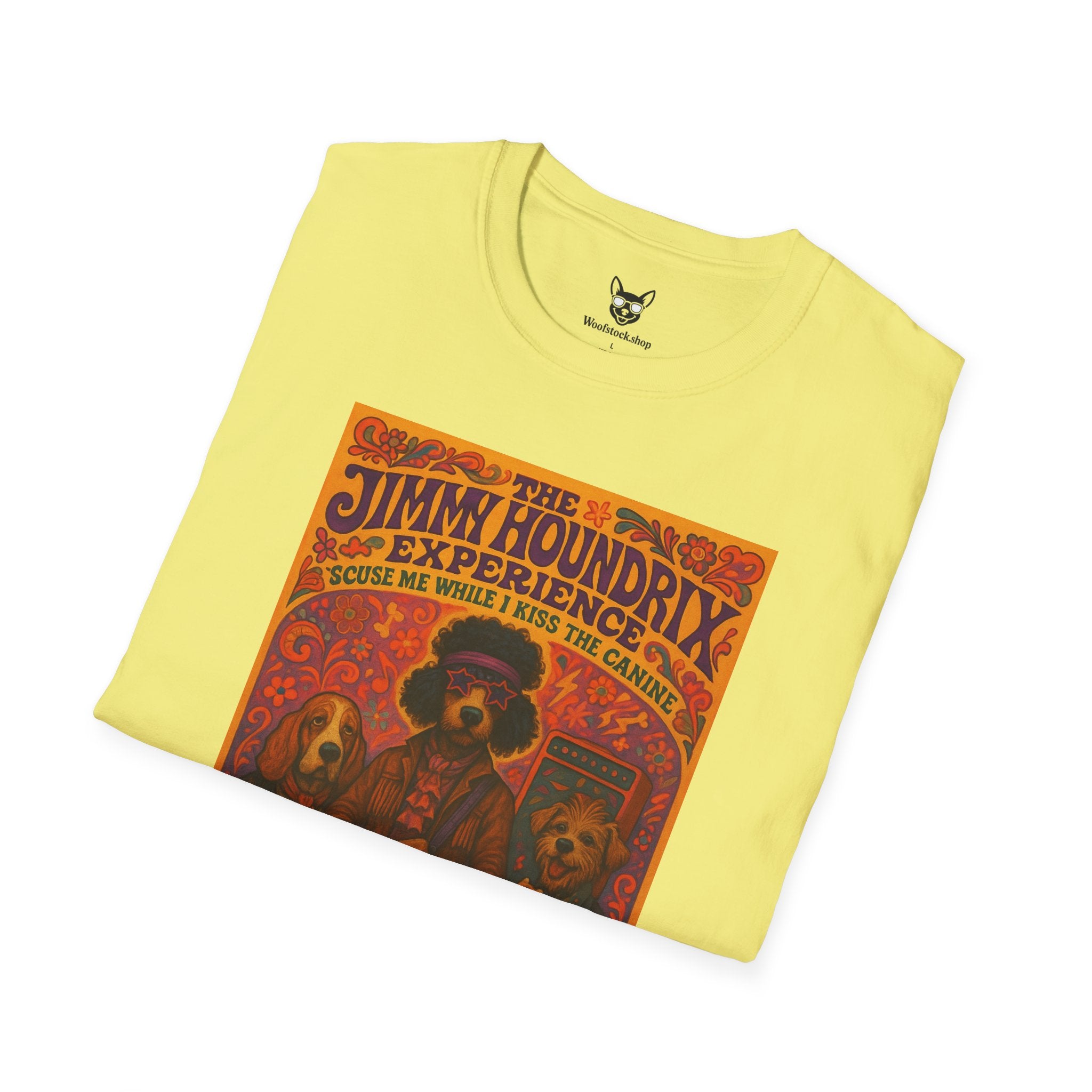Jimi Hendrix Concert Poster Dog Parody Unisex Softstyle T-Shirt -- Funny Rock Tee for Music and Dog Lovers