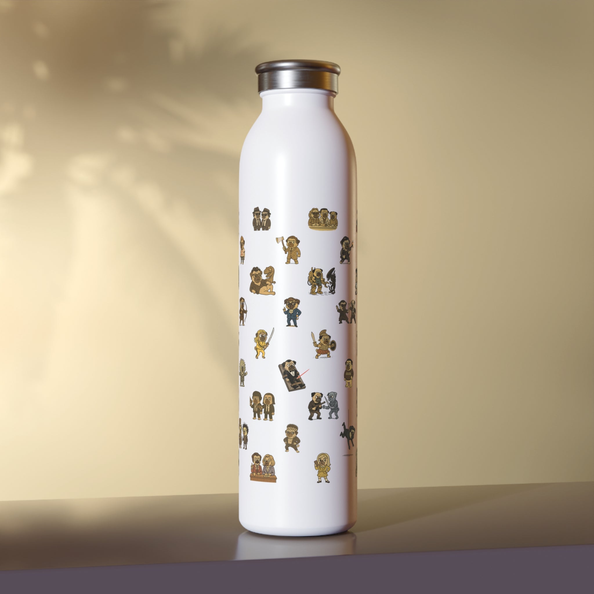 Movie Pugs Slim Water Bottle -- Funny Gift for Movies and Dog Lovers