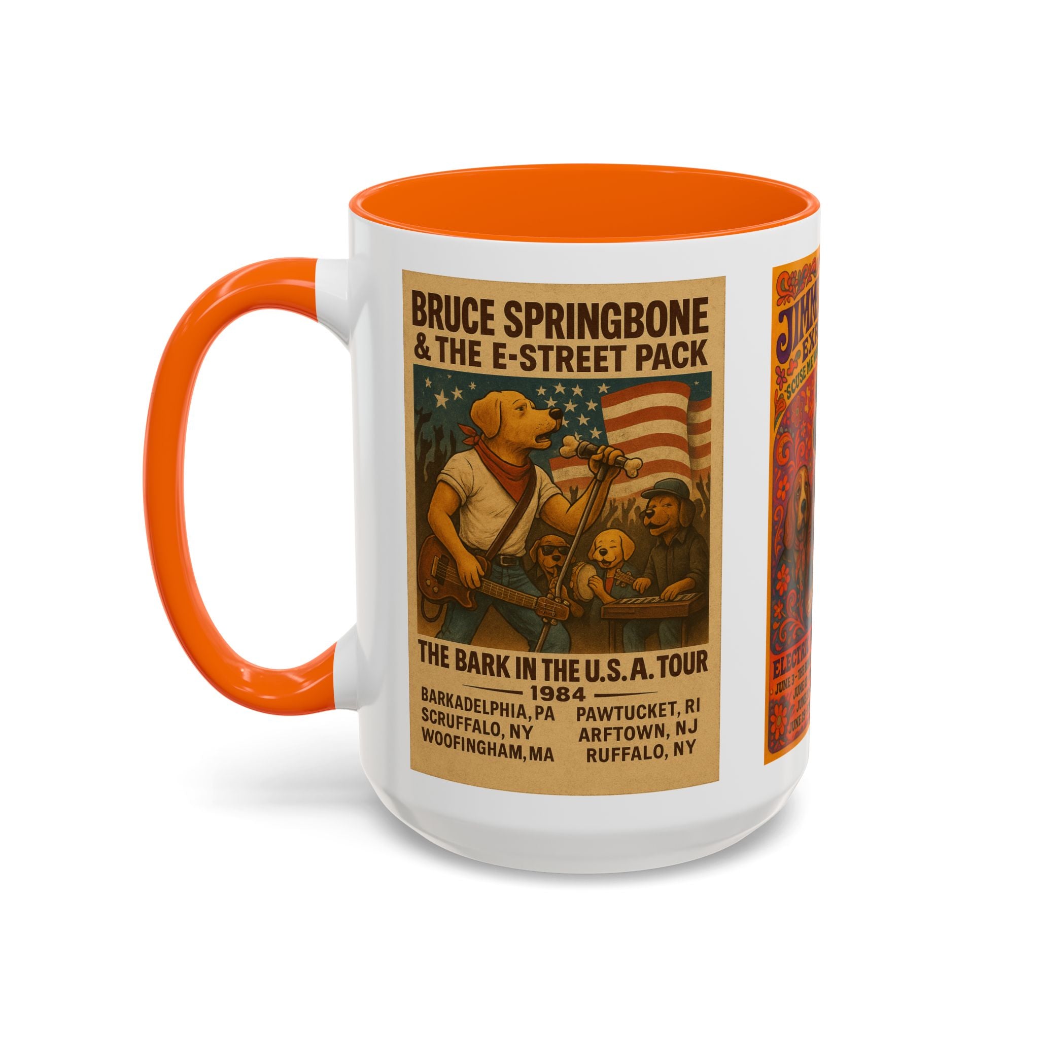 Concert Poster Dog Parody Mug – Funny Bruce Springsteen, Jimi Hendrix, and Fleetwood Mac Parody Gift