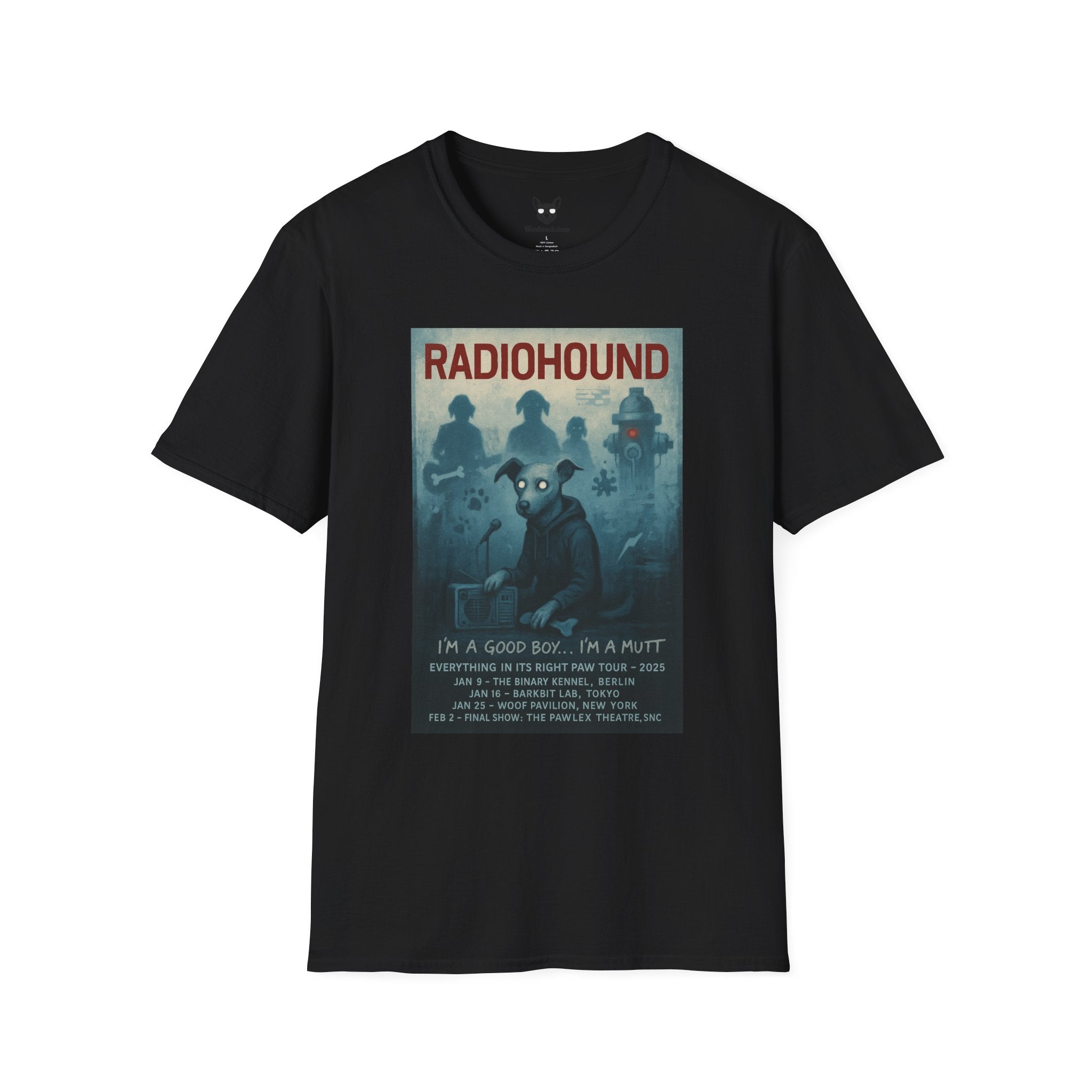 Radiohead Concert Poster Dog Parody Unisex Softstyle T-Shirt -- Funny Rock Tee for Music and Dog Lovers