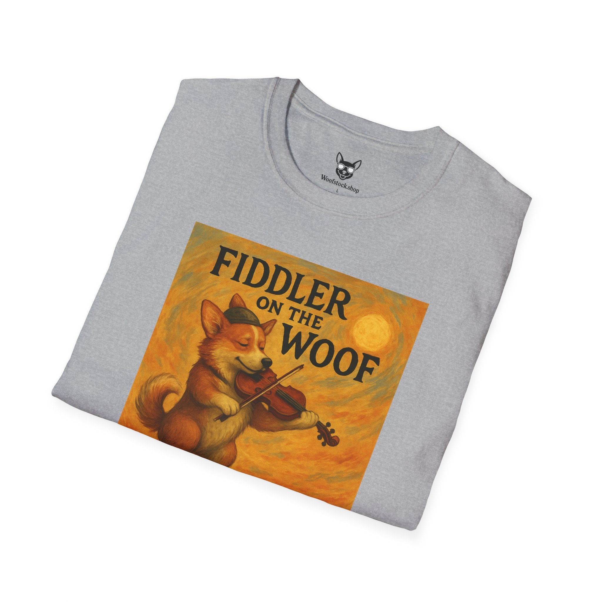 Fiddler on the Woof Broadway Poster Dog Parody Unisex Softstyle T-Shirt -- Funny Broadway Movie Tee for Theater and Dog Lovers