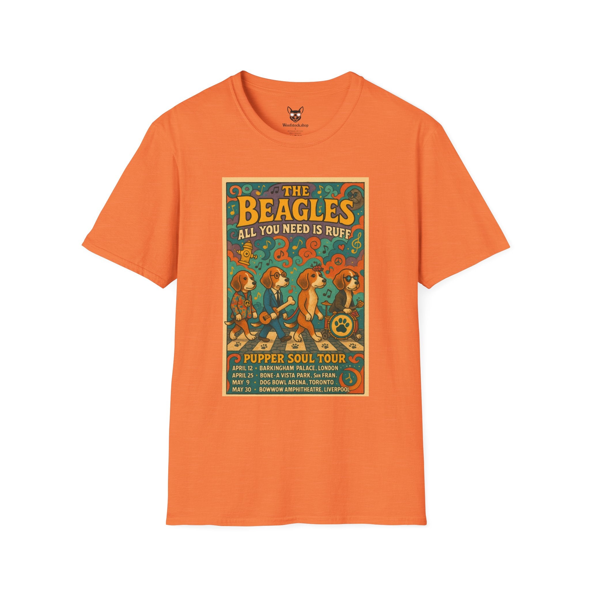 The Beatles Concert Poster Dog Parody Unisex Softstyle T-Shirt -- Funny Dog Concert Tee for Music and Dog Lovers