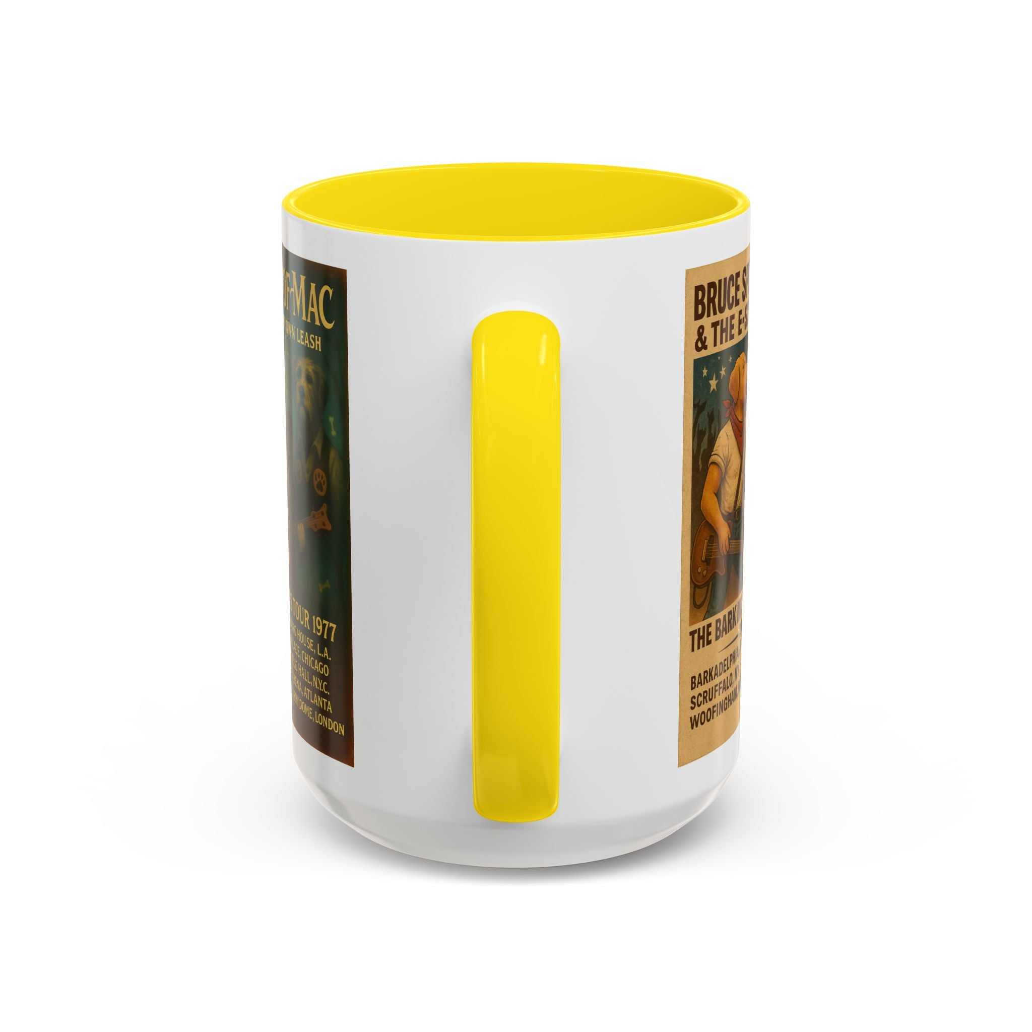 Concert Poster Dog Parody Mug – Funny Bruce Springsteen, Jimi Hendrix, and Fleetwood Mac Parody Gift