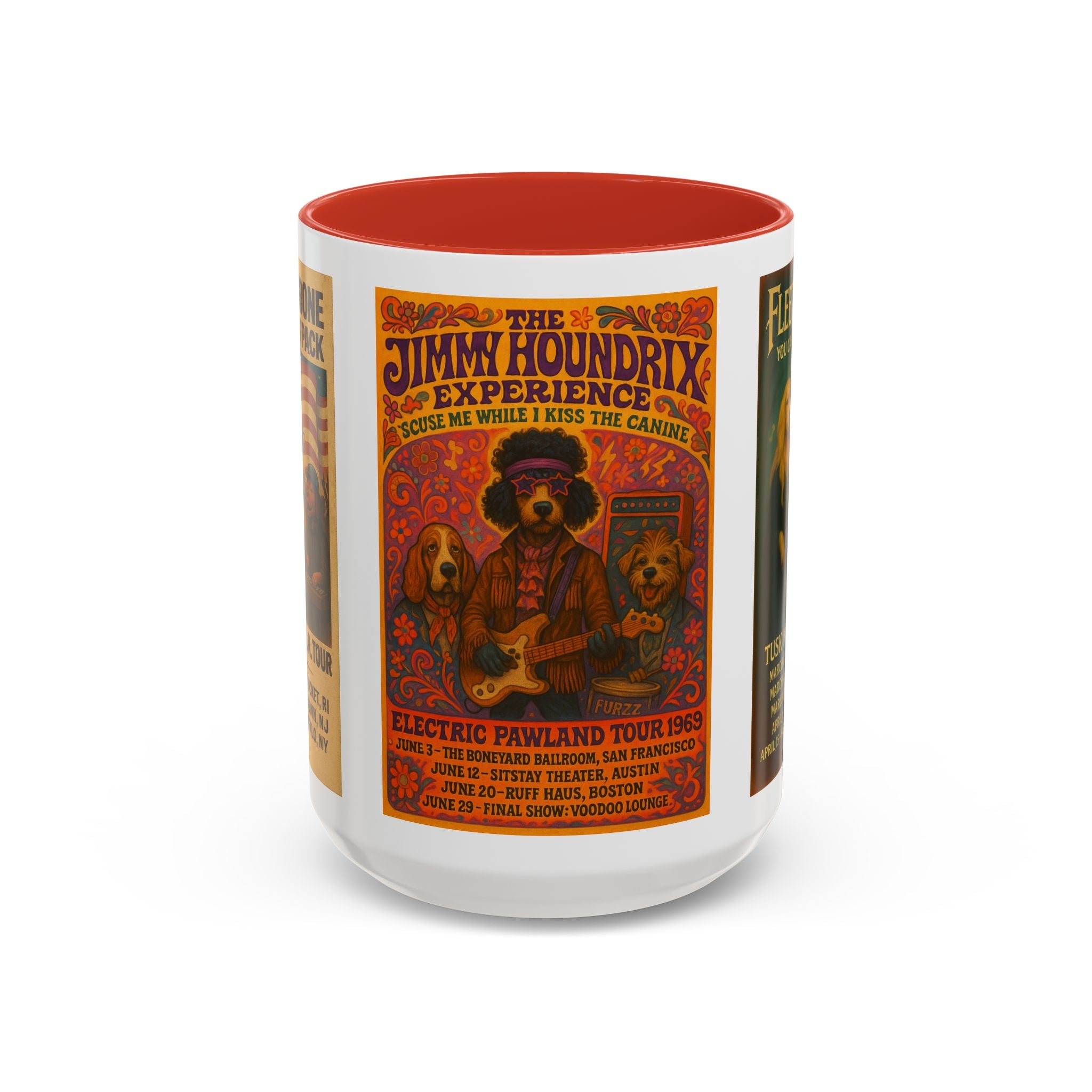Concert Poster Dog Parody Mug – Funny Bruce Springsteen, Jimi Hendrix, and Fleetwood Mac Parody Gift