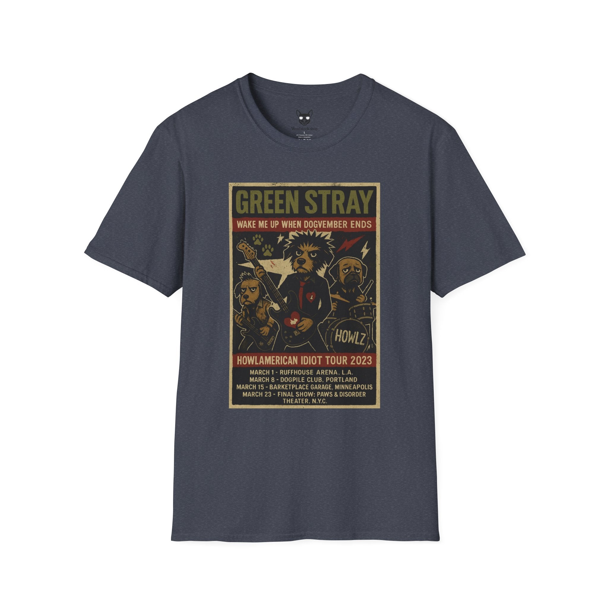 Green Day Concert Poster Dog Parody Unisex Softstyle T-Shirt – Funny Tee for Music and Dog Lovers