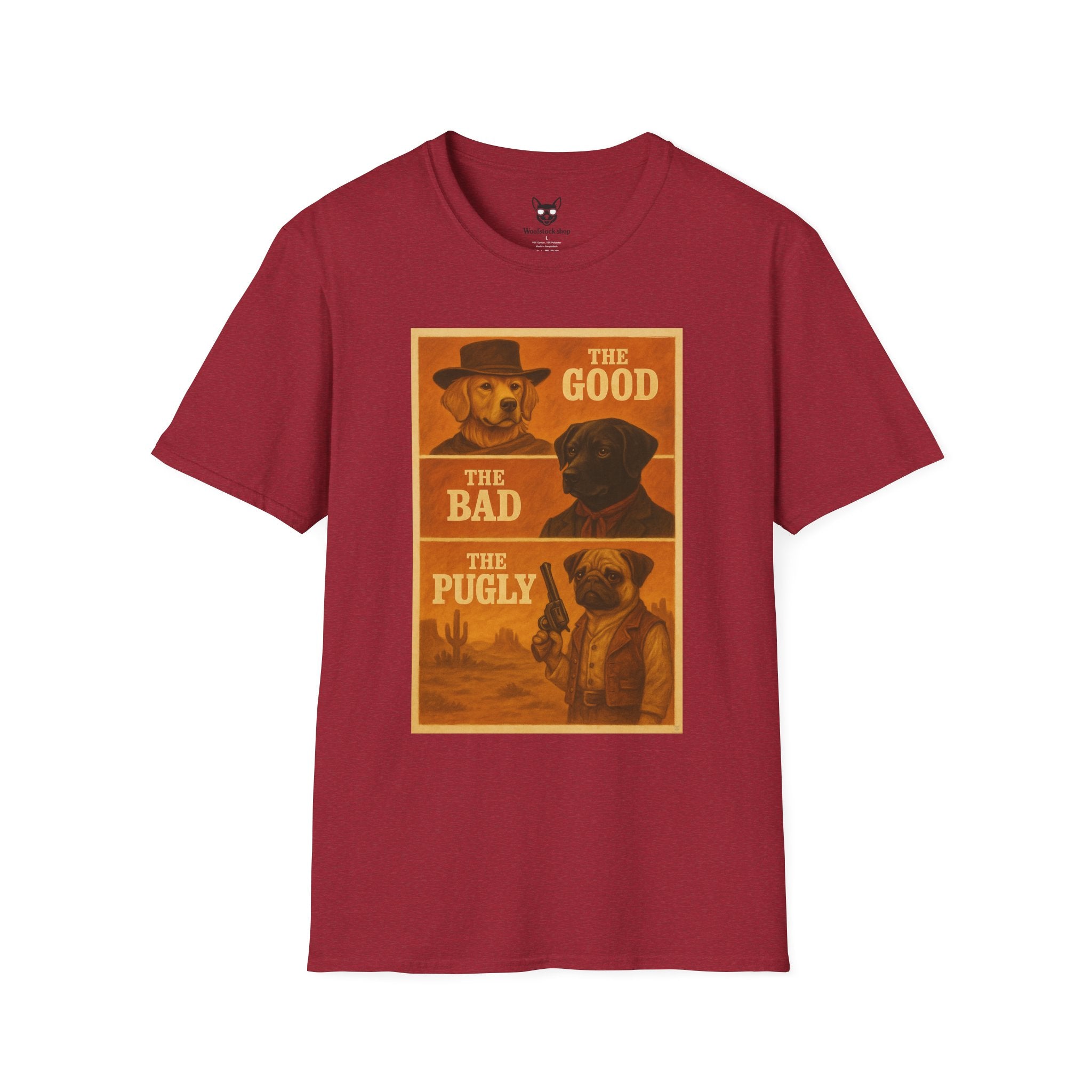 The Good, The Bad, & The Ugly Movie Poster Dog Parody Unisex Softstyle T-Shirt – Funny Movie Tee for Film and Dog Lovers