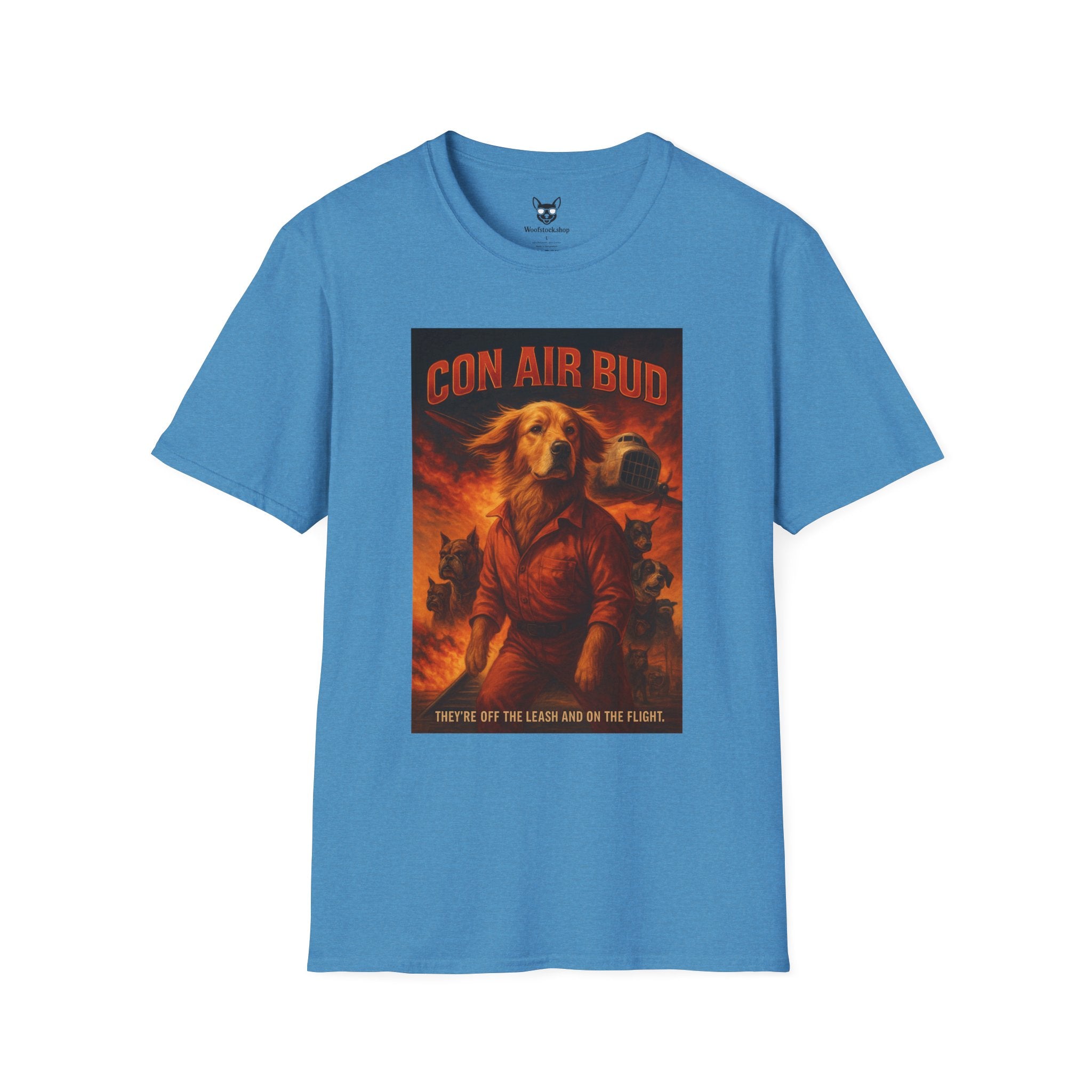 Con Air Movie Poster Dog Parody Unisex Softstyle T-Shirt – Funny Action Movie Tee for Film and Dog Lovers