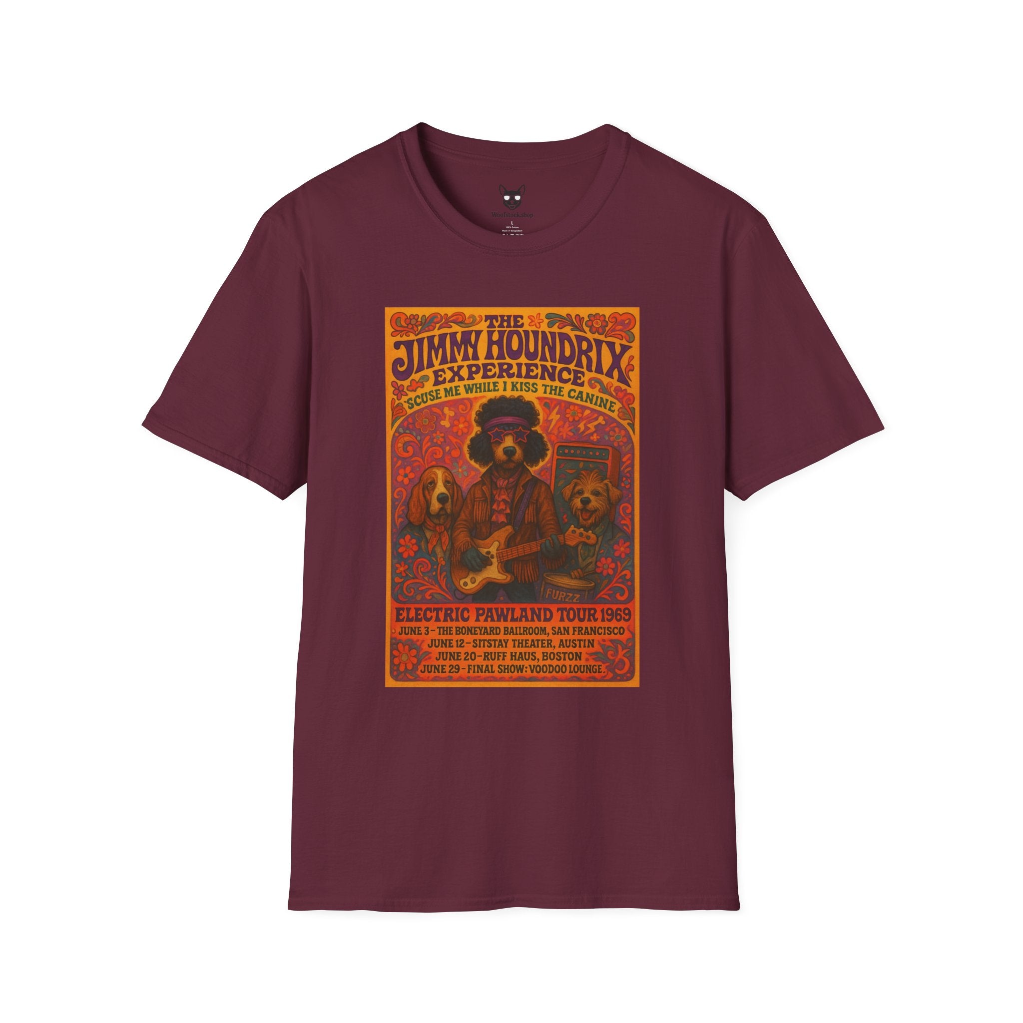 Jimi Hendrix Concert Poster Dog Parody Unisex Softstyle T-Shirt -- Funny Rock Tee for Music and Dog Lovers