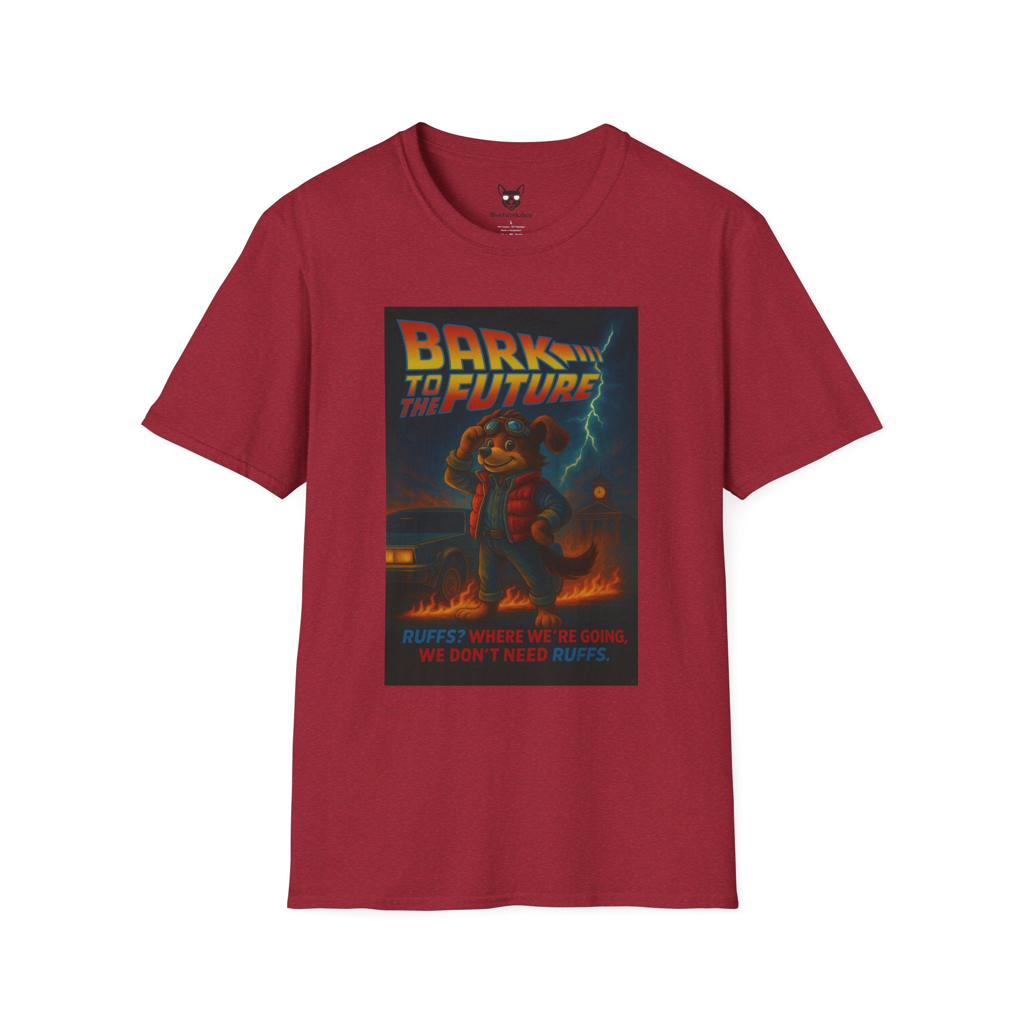 Back to the Future Movie Poster Dog Parody Unisex Softstyle T-Shirt -- Funny Dog Movie Tee for Film and Dog Lovers