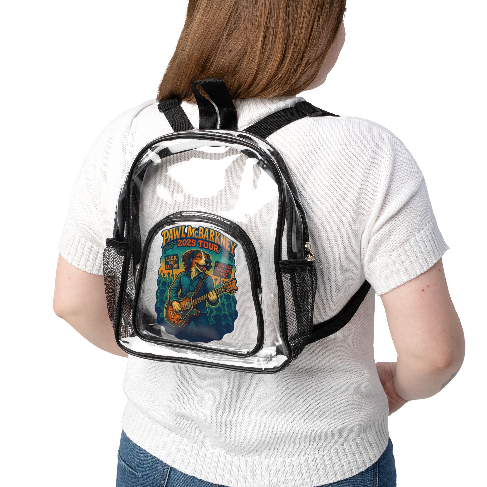 Pawl McBarkney Clear Stadium Backpack -- Paul McCartney 2025 Tour Merchandise Dog Parody