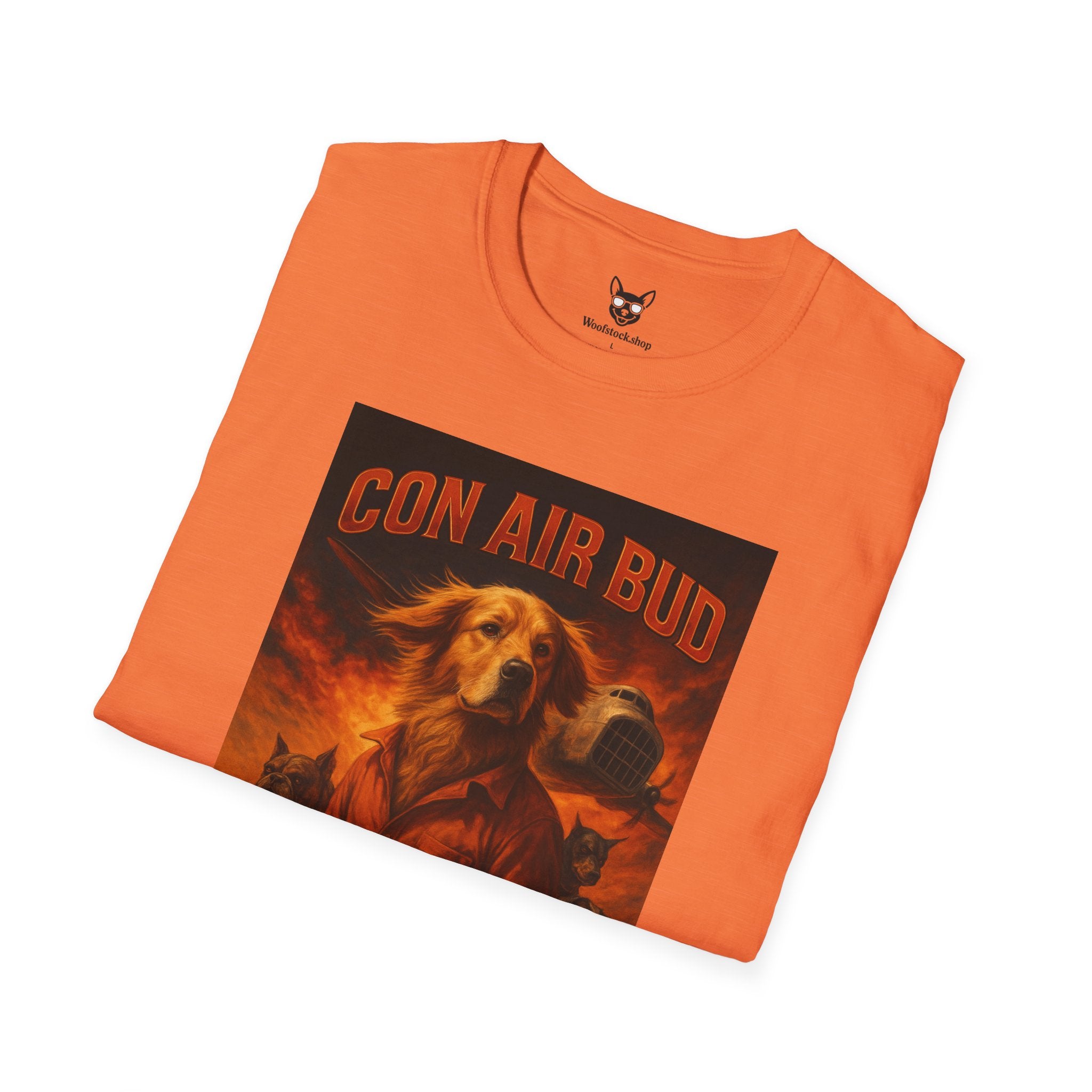 Con Air Movie Poster Dog Parody Unisex Softstyle T-Shirt – Funny Action Movie Tee for Film and Dog Lovers