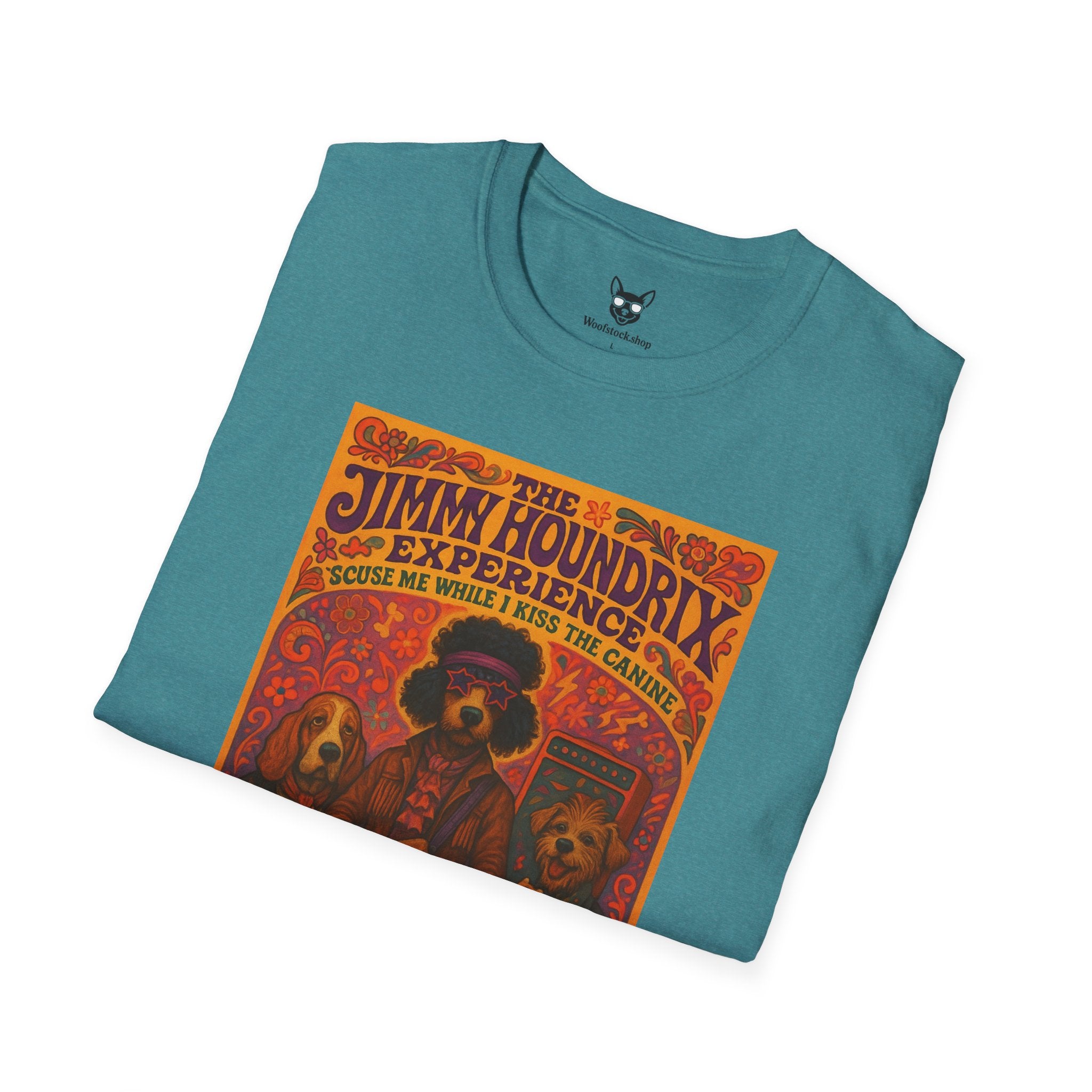 Jimi Hendrix Concert Poster Dog Parody Unisex Softstyle T-Shirt -- Funny Rock Tee for Music and Dog Lovers